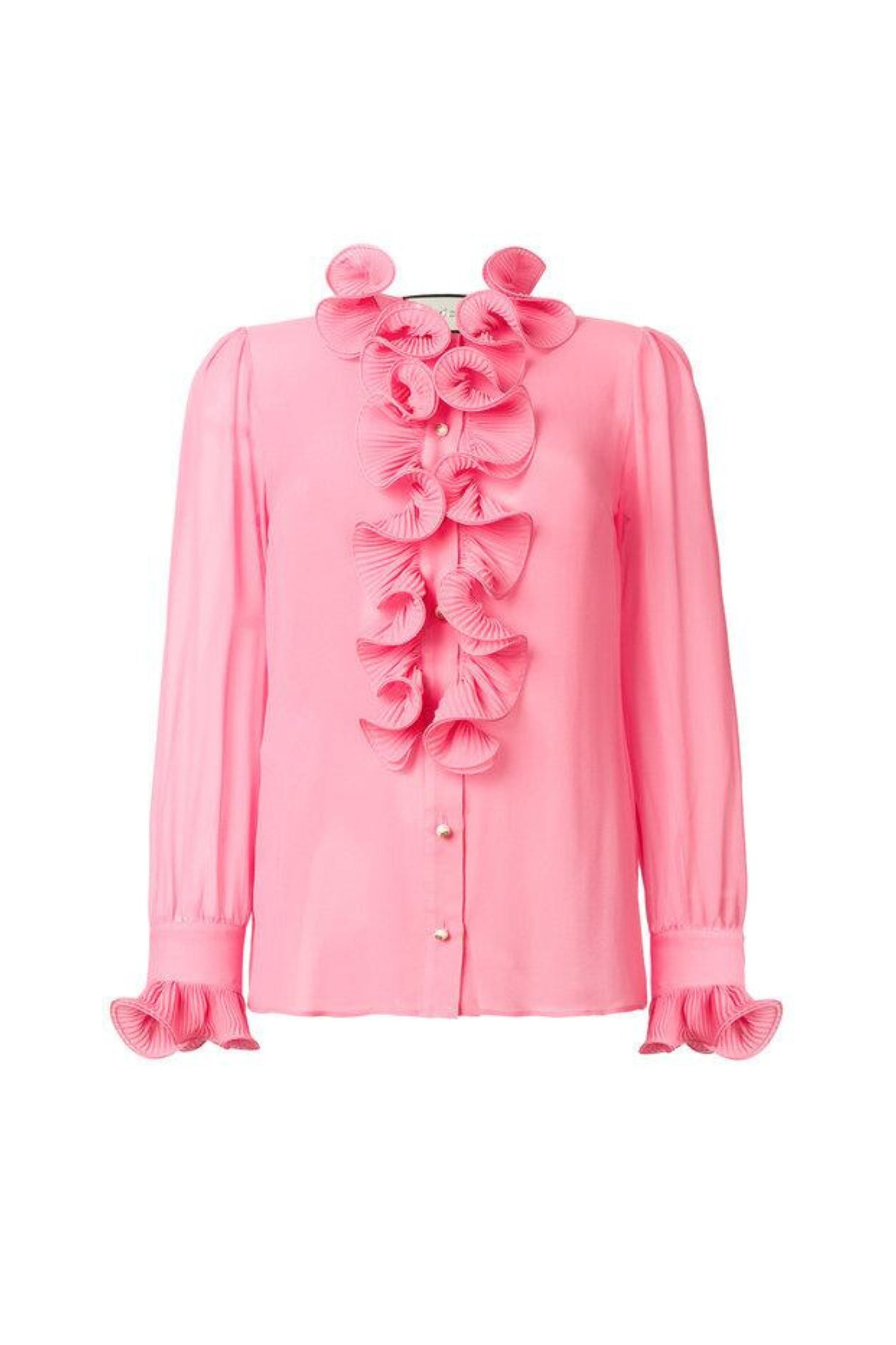Blusa in georgette di seta trasparente con volant, colore rosa