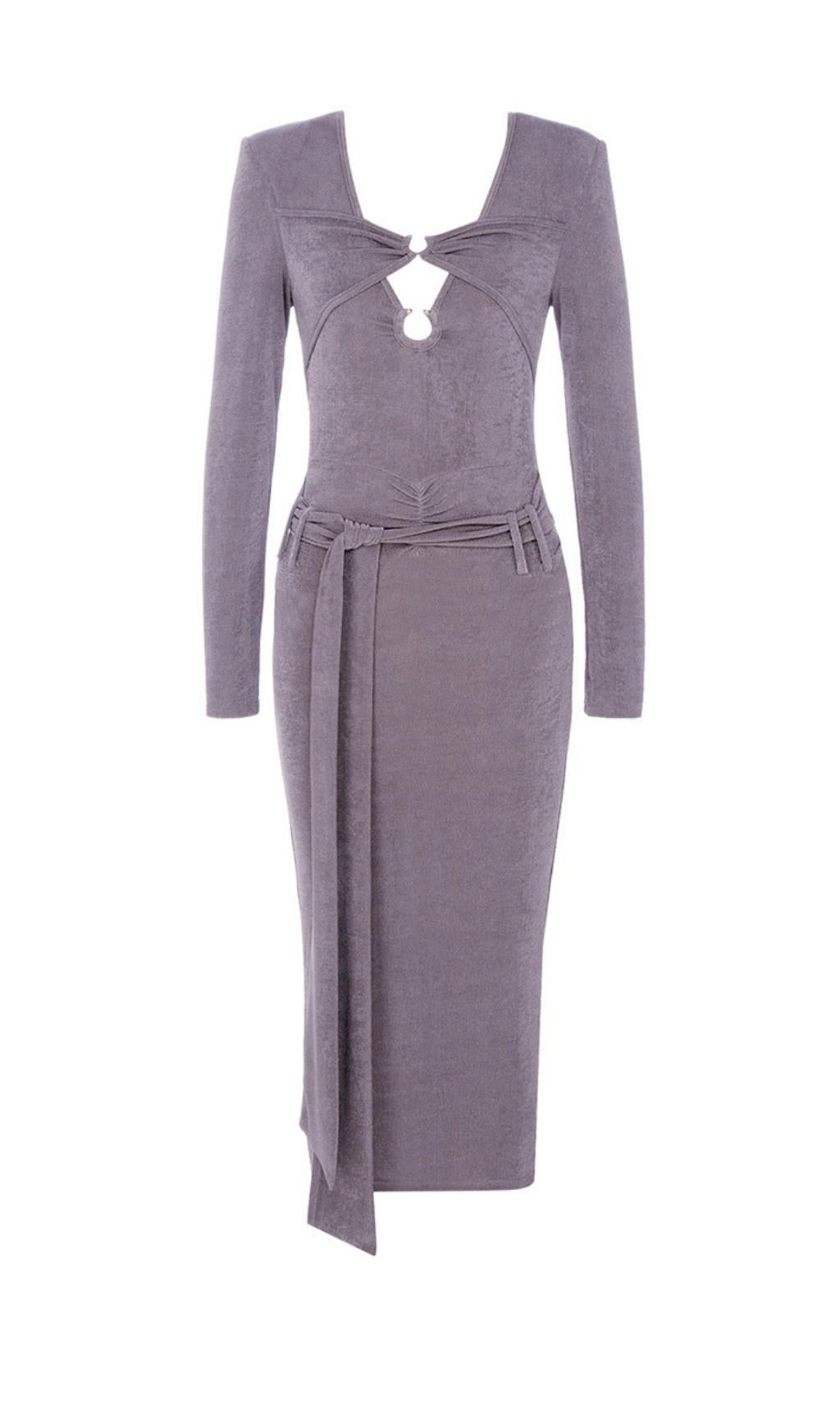 KNIT CUTOUT LONG SLEEVES MIDI DRESS IN PURPLE