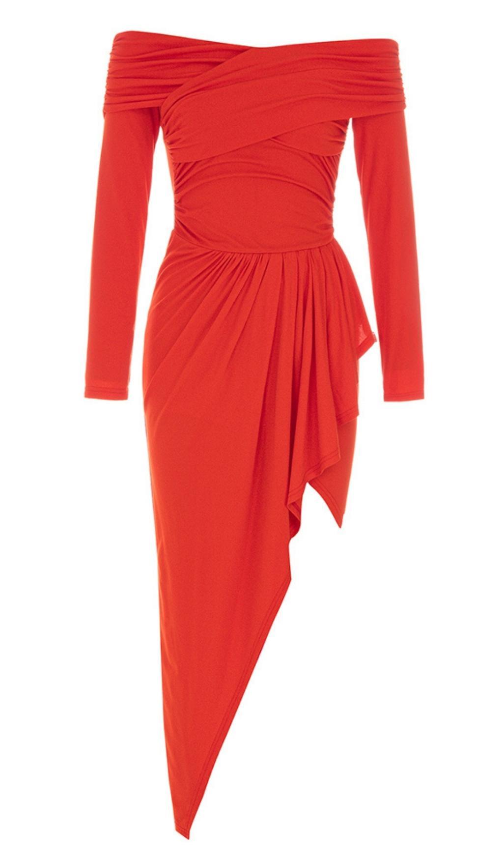 ABITO A MANICA LUNGA IRREGOLARE CON SPALLE SCOPERTE IN ARANCIONE