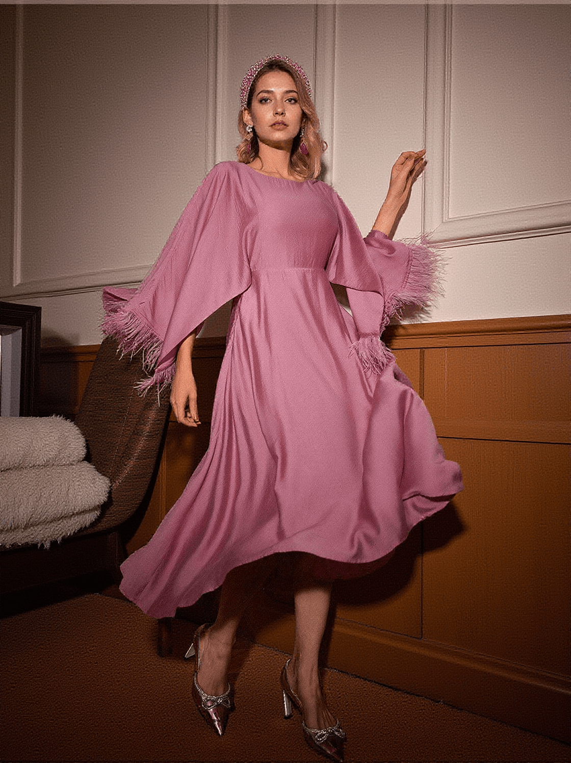 ABITO MIDI CON FRANGE DI PIUME LEWIS