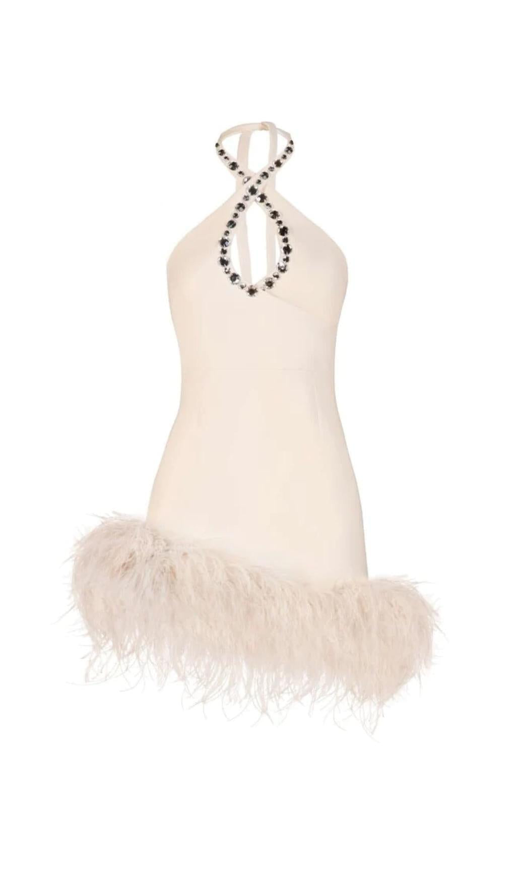 MINI ABITO IN CREPE CON PIUME BIANCHE