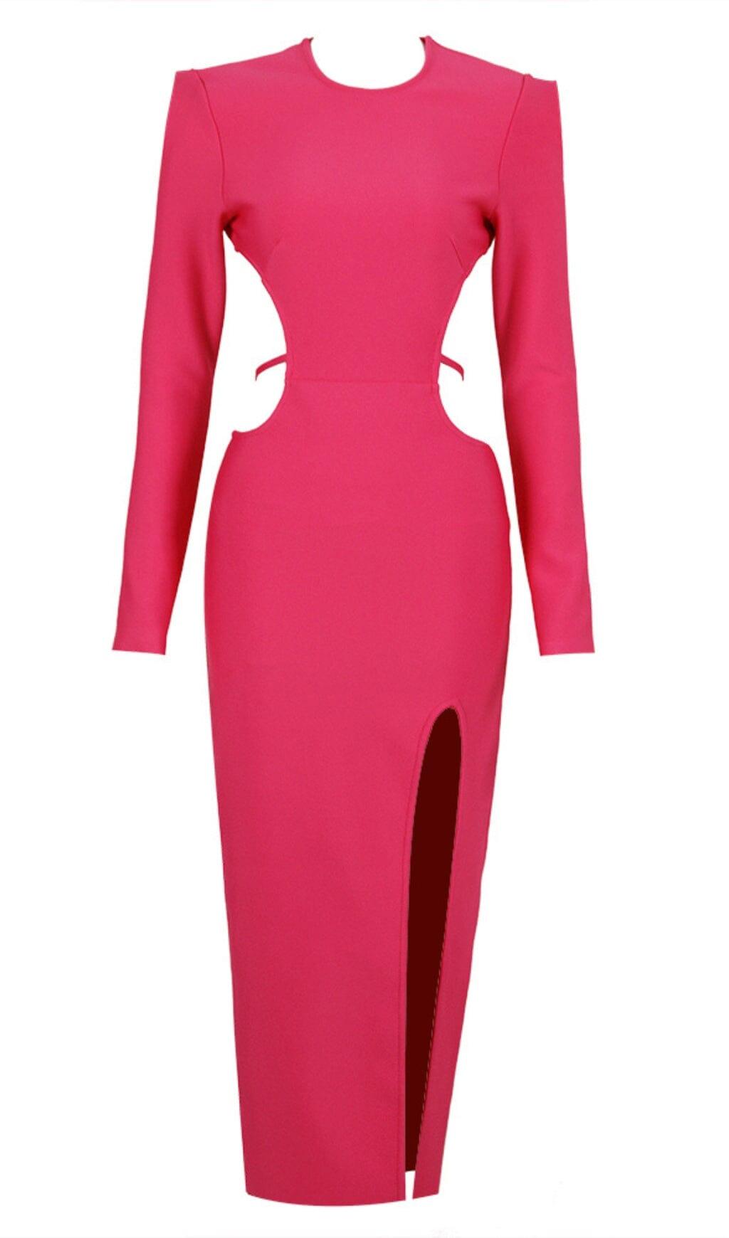 LANGÄRMELIGES KLEID MIT OFFENEM RÜCKEN UND SCHLITZ IN ROSENROT
