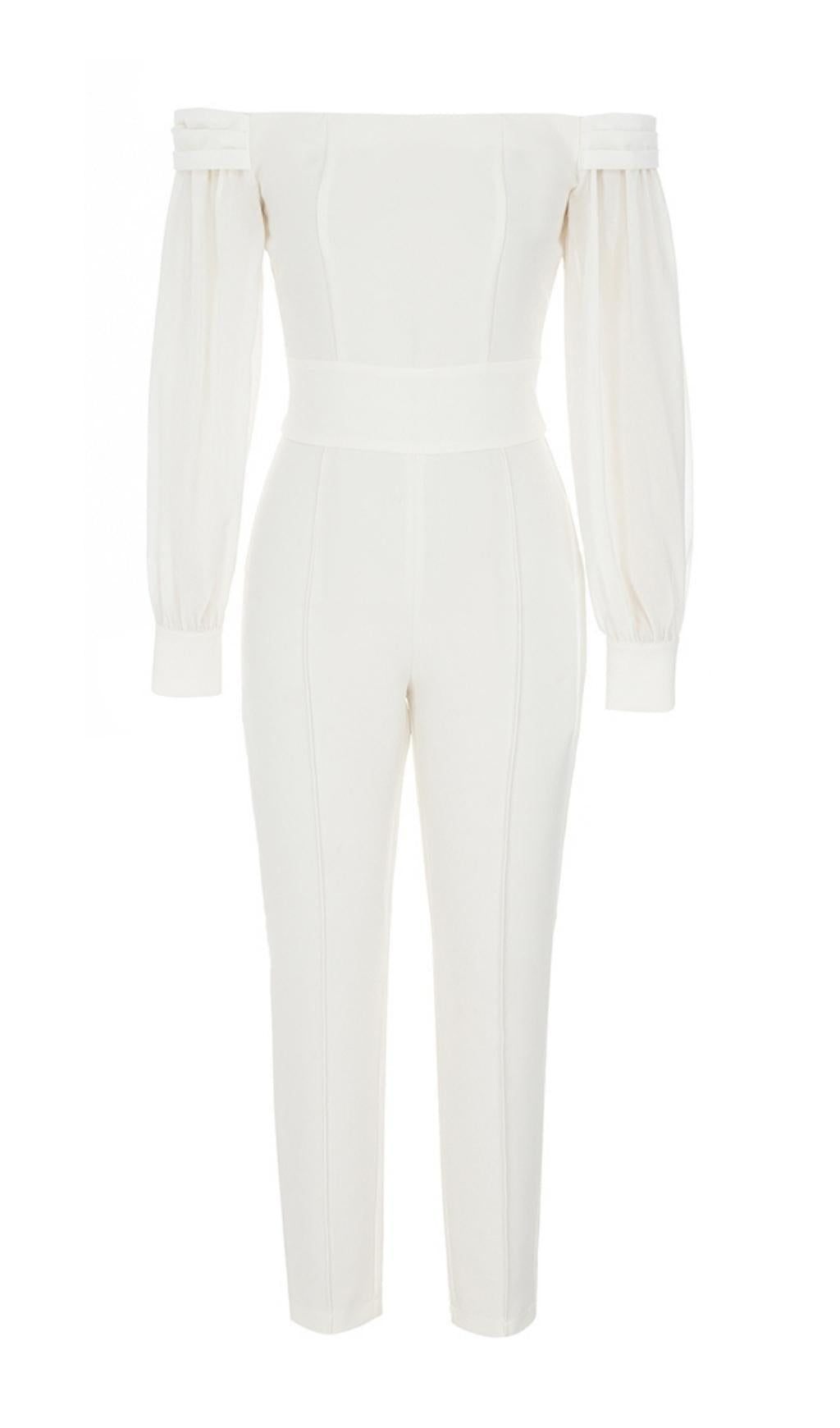 TRÄGERLOSER LANGÄRMELIGER JUMPSUIT IN WEISS