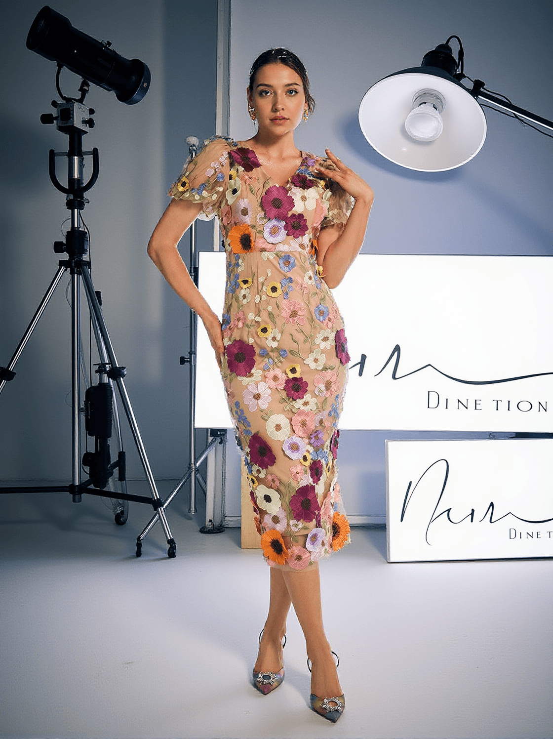 Grayson – Midikleid mit Blumenstickerei in Aprikose