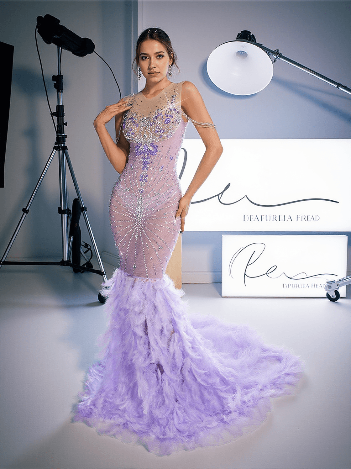 Abito lungo con piume e strass Chaviv