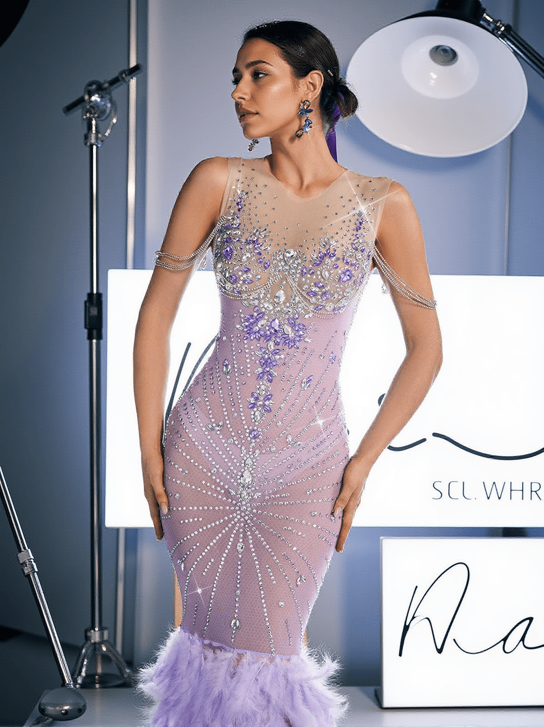Abito lungo con piume e strass Chaviv