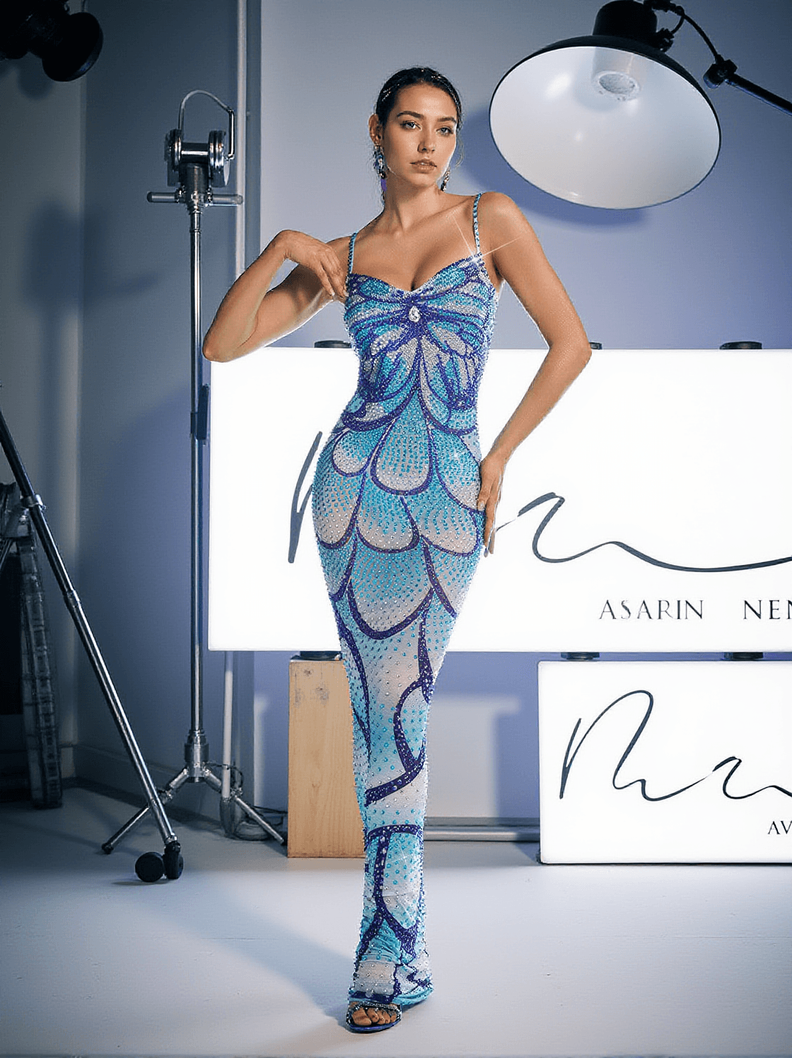 CRO��A SPAGHETTI PRINT CRYSTAL MAXI DRESS