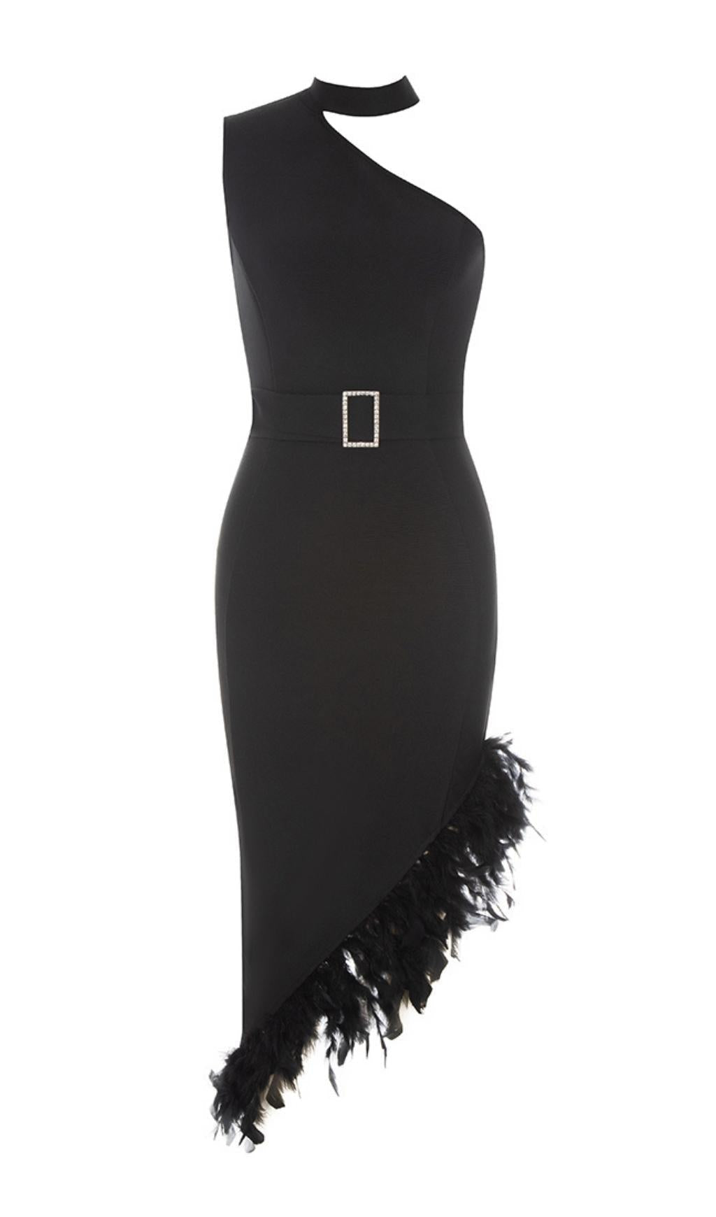 Neckholder-One-Shoulder-Midikleid in Schwarz