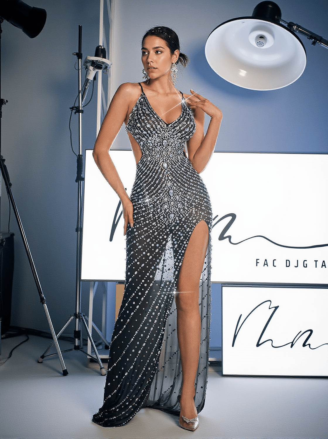 Abito lungo con spalline sottili e strass Aryan