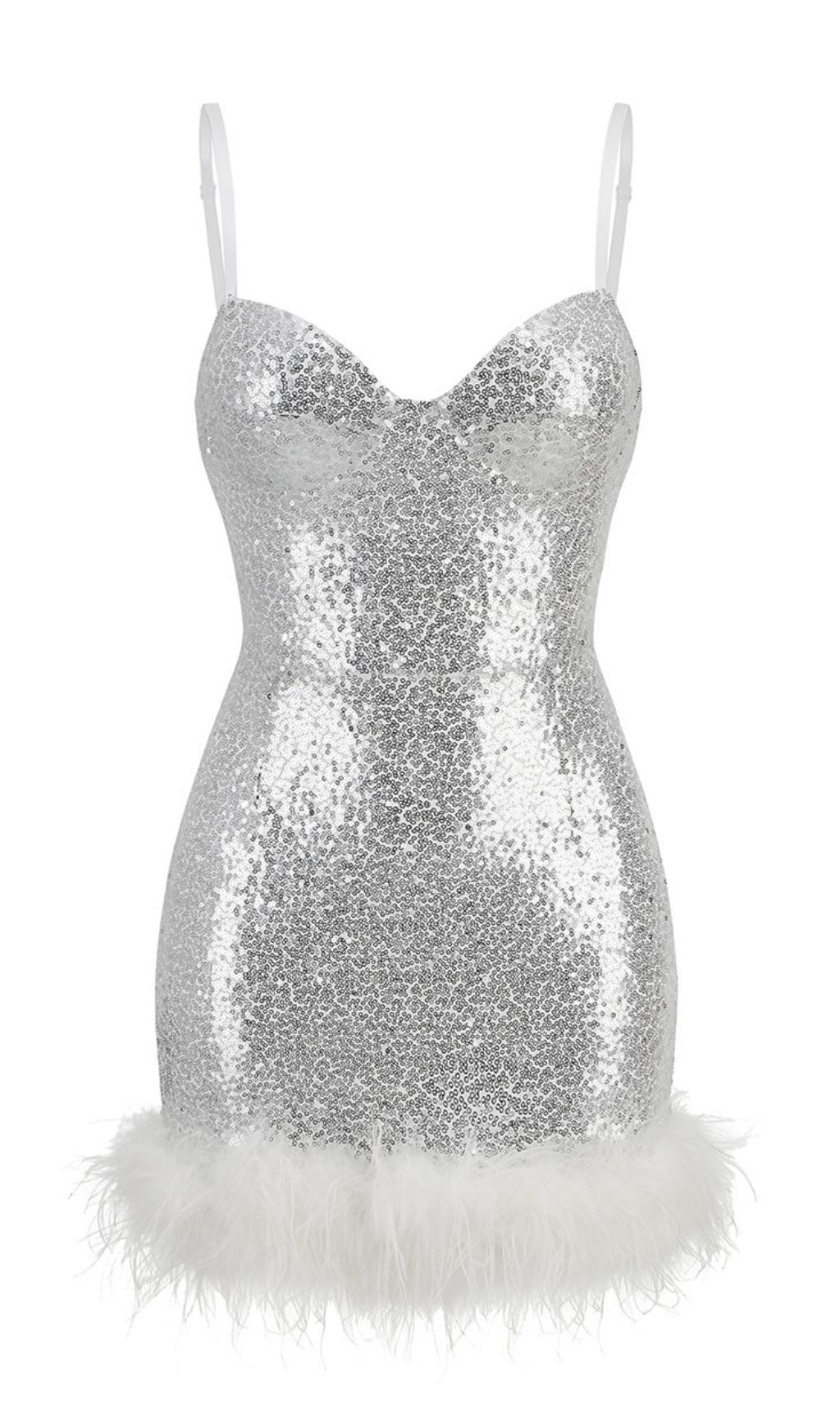 Ärmelloses Minikleid mit Federn in Weiß