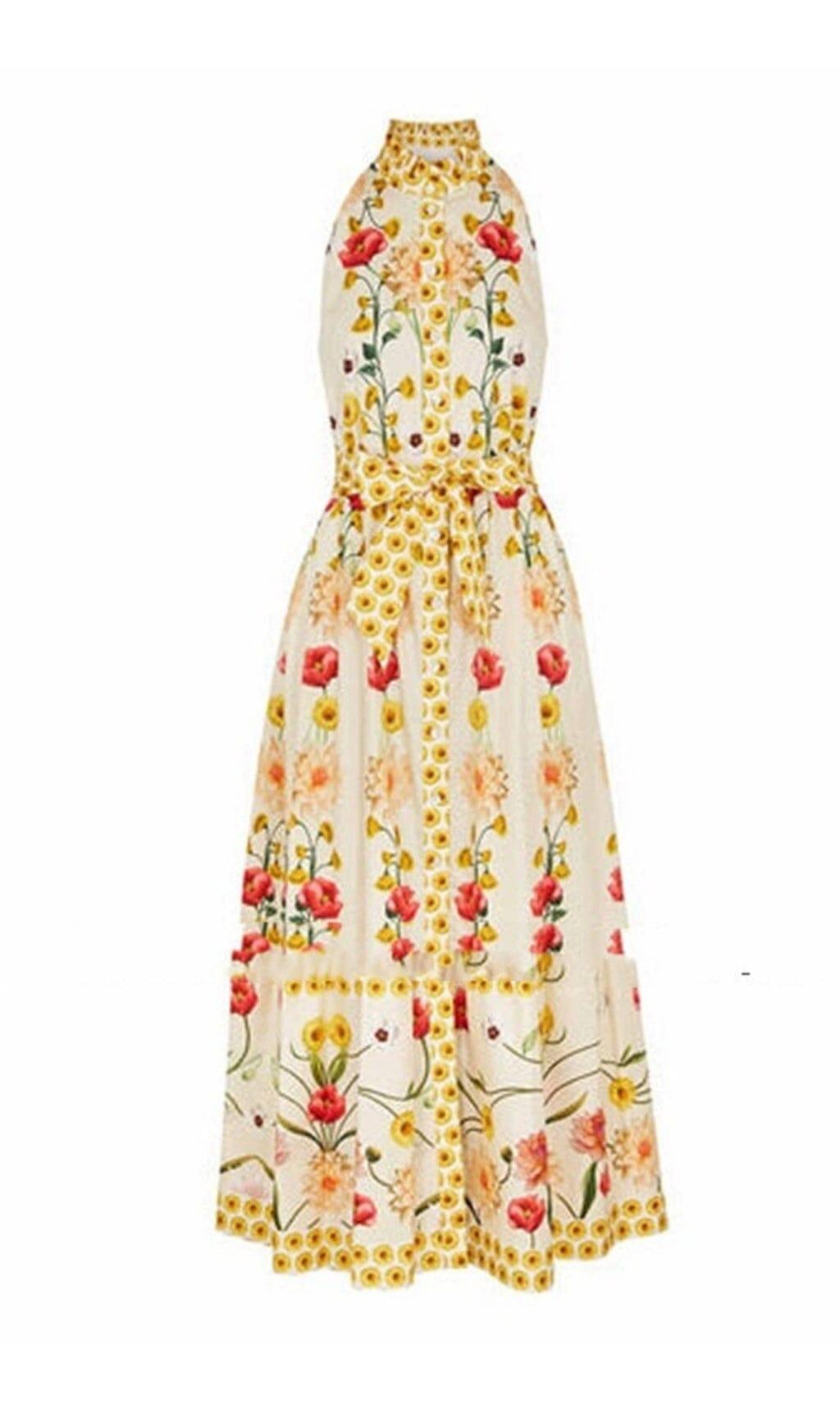 ABITO LUNGO IN PIZZO FLOREALE CON COLLO ALTO E SENZA MANICHE