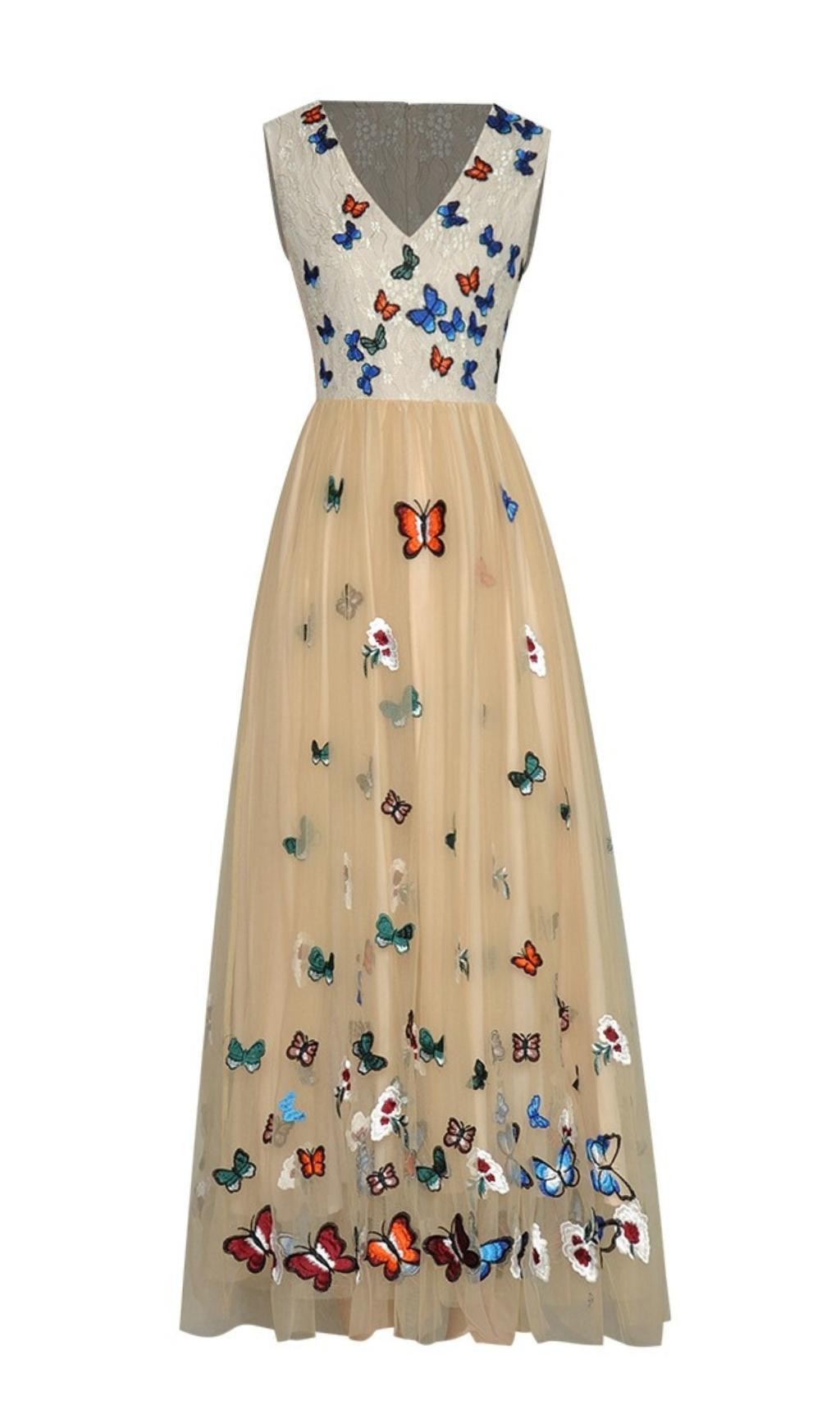 ABITO MIDI IN PIZZO A FARFALLA BEIGE