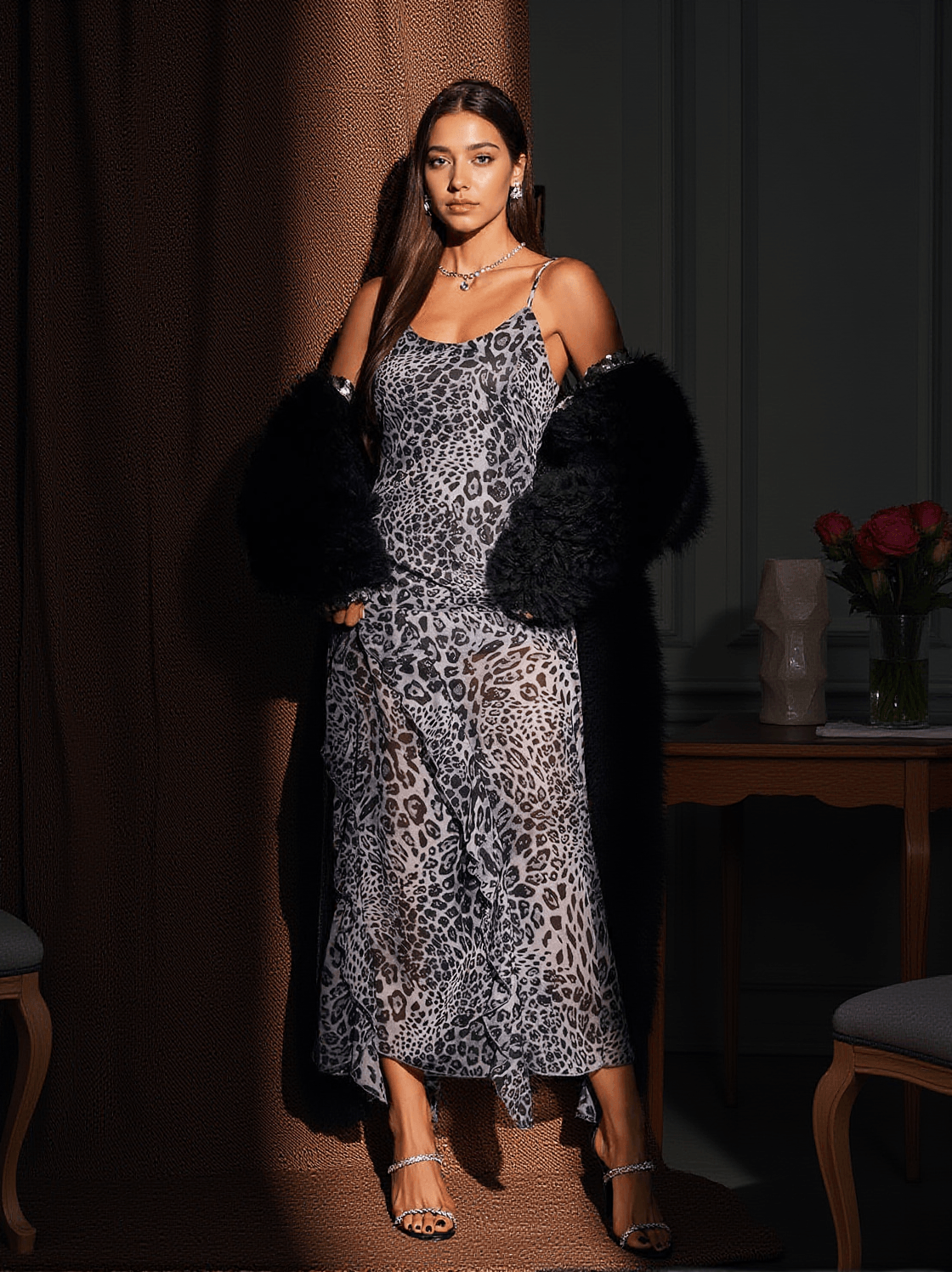 Archibald Spaghetti-Maxikleid mit Leopardenmuster und Rüschen