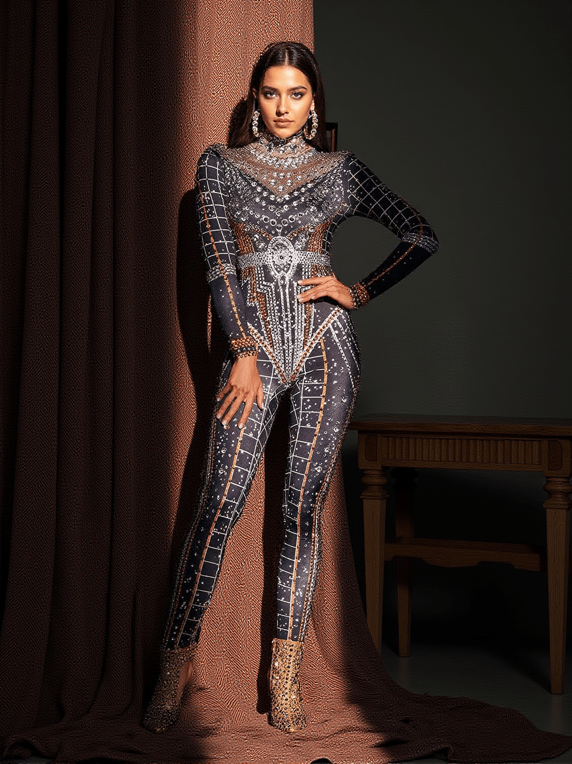 MICAELA PRINTED RHINESTONE JUMPSUIT