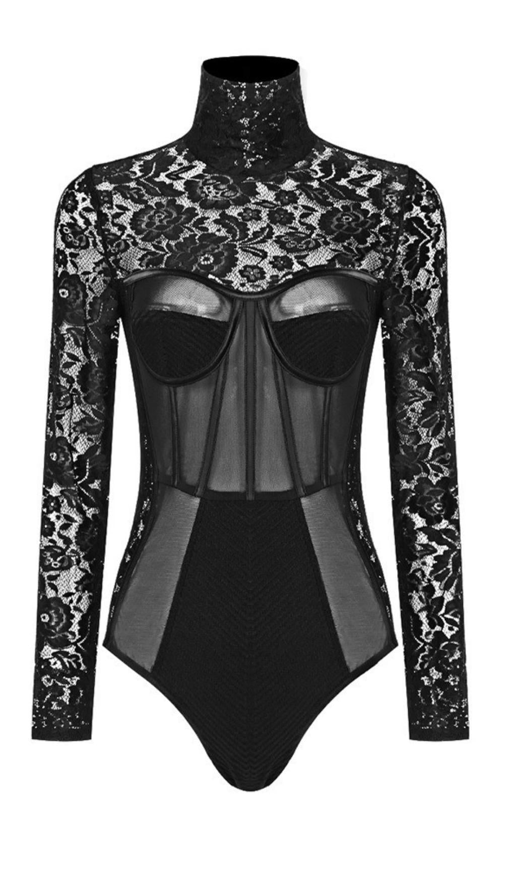 LANGÄRMELIGES MINIKLEID AUS SPITZE IN SCHWARZ