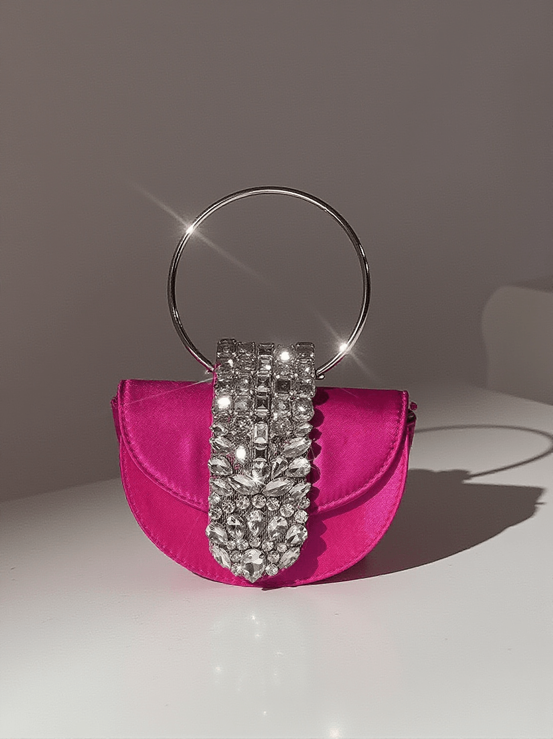DOROTHEA SATIN CRYSTAL CLUTCH IN HOT PINK
