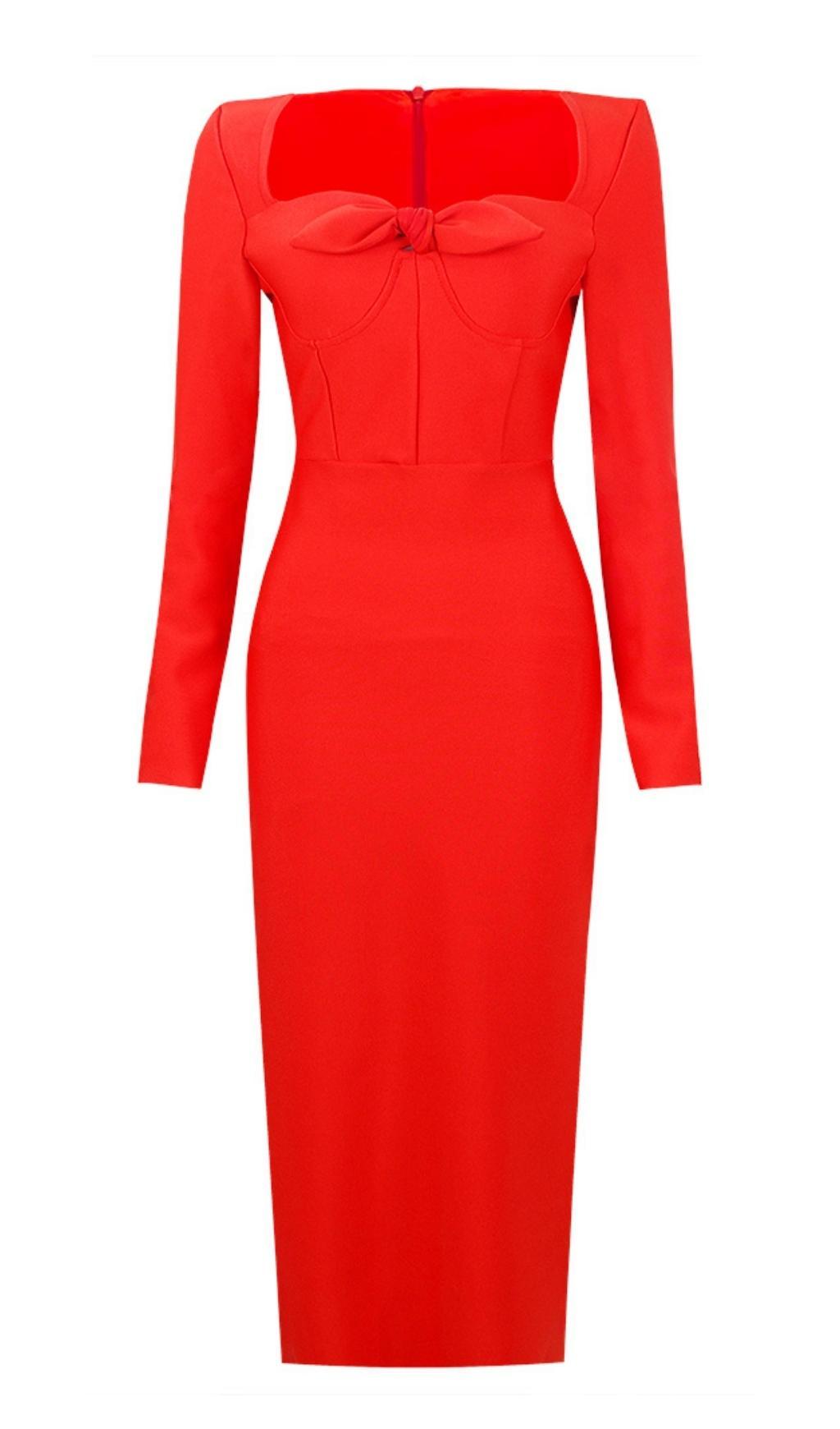 AIIZIE BANDAGE LONG SLEEVE MIDI DRESS IN RED - product image