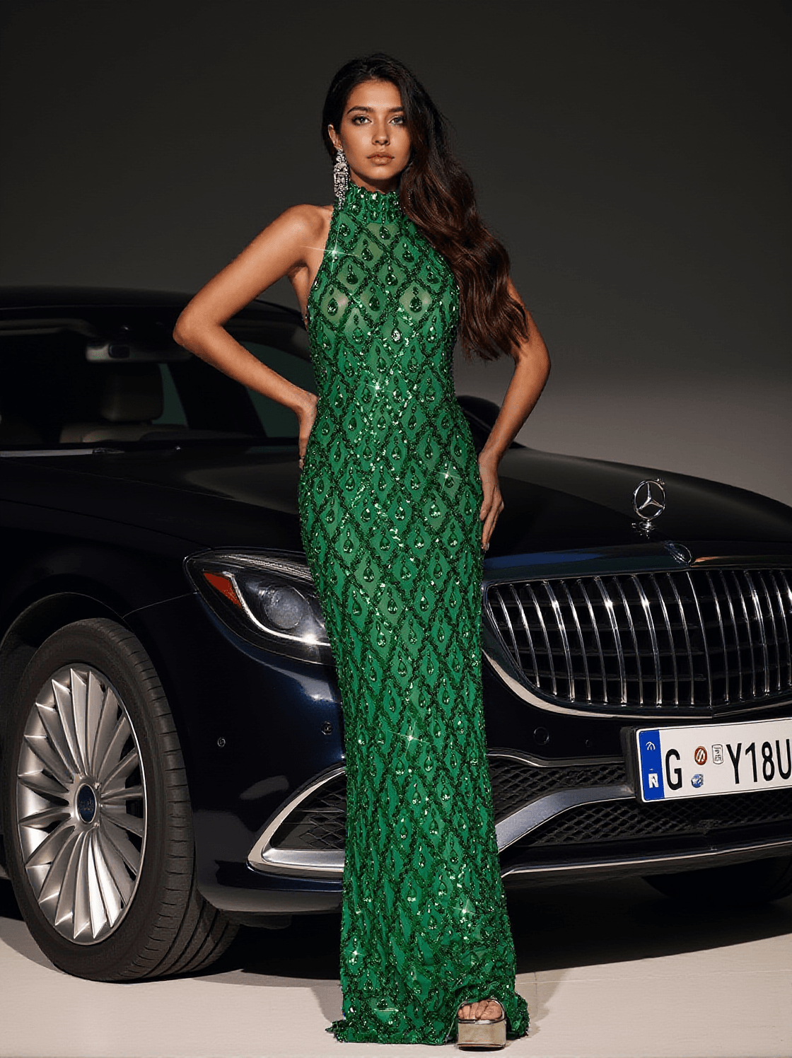 Liora – Grünes Maxikleid mit Pailletten und Kristallen