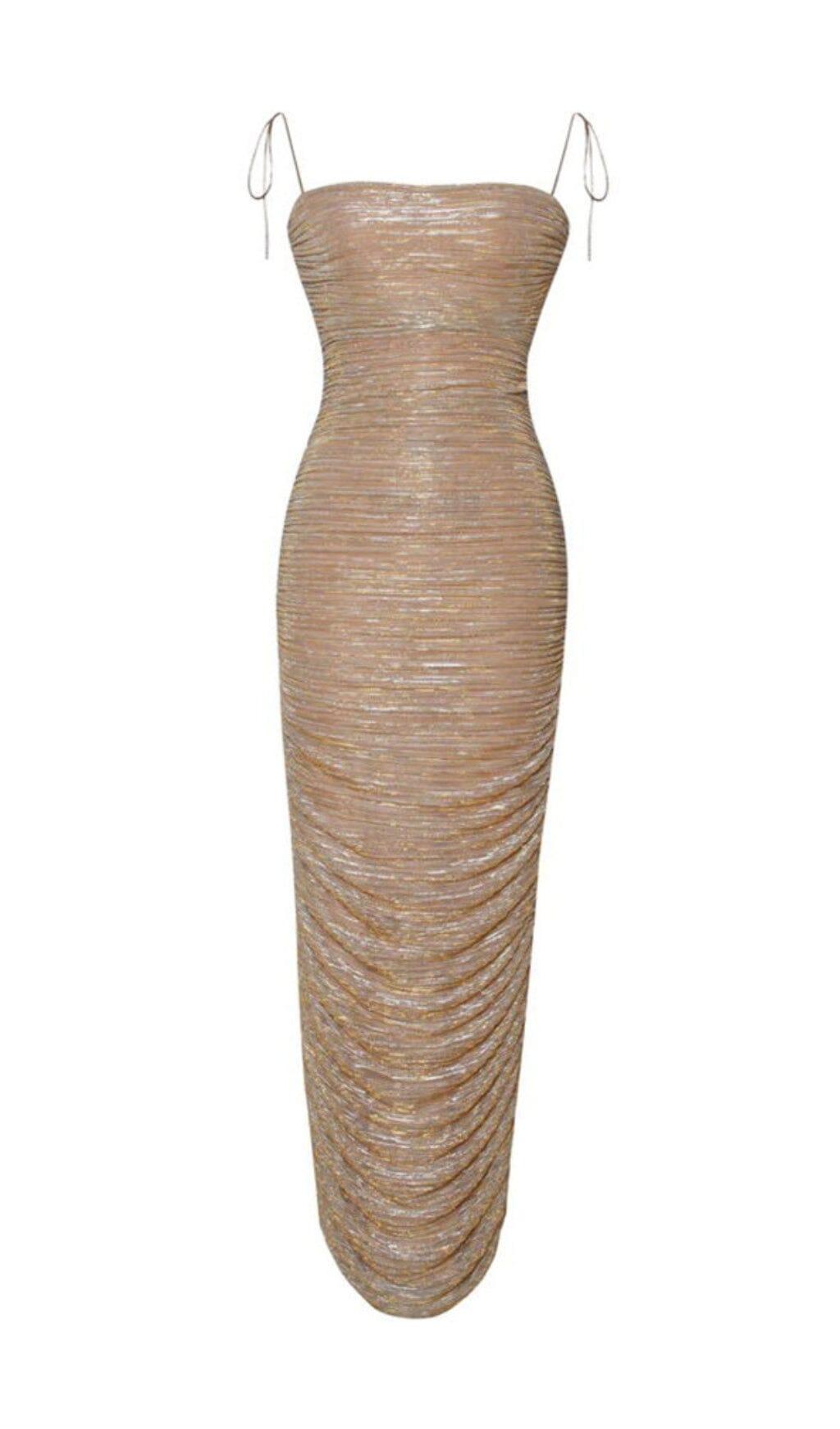 ABITO LUNGO IN CHIFFON CON RUCHES ORO LUCENTE