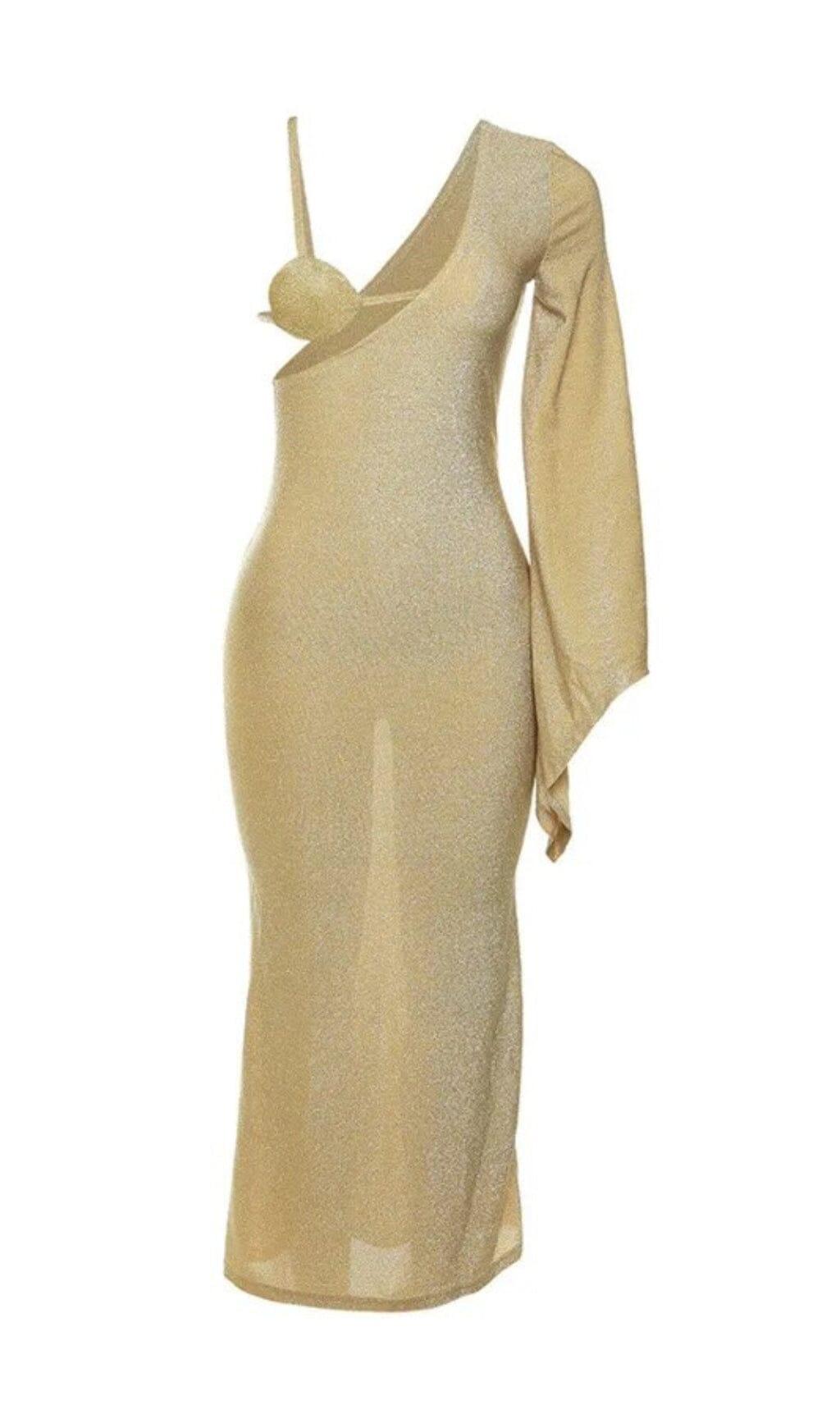 ABITO LUNGO MODELLANTE CON LACCI E TRAFORATO A MANICHE LUNGHE