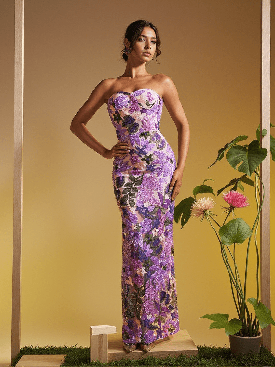 Nakoa – Trägerloses Maxikleid mit Paillettenstickerei