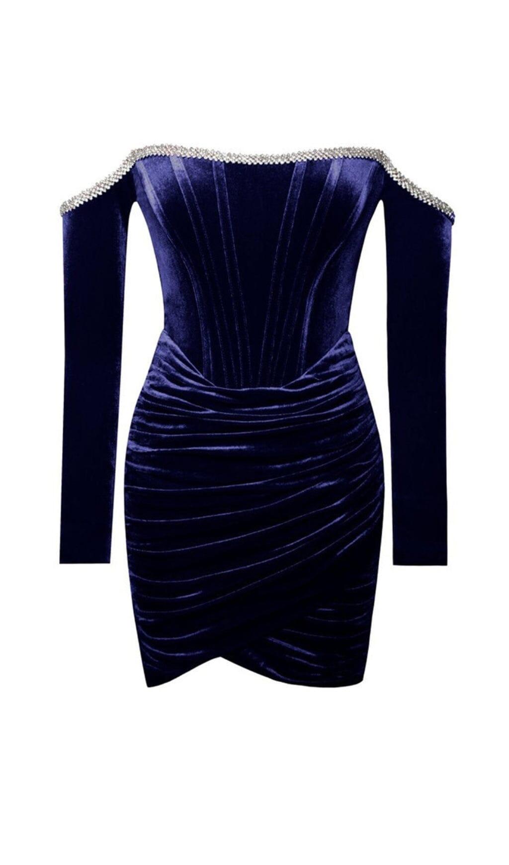 ABITO CORSETTO ODETTE IN VELLUTO BLU MARINO CON SPALLE SCOPERTE E BORDI IN CRISTALLI