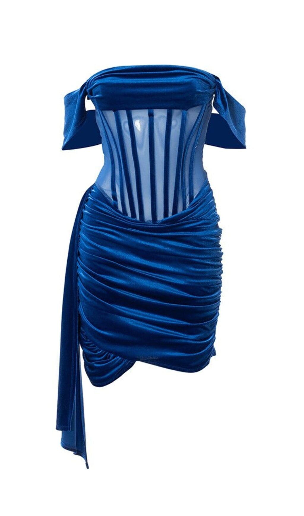 ABITO CORSETTO IRISA BLU OTTANIO CON DRAPPEGGIO E SPALLE SCOPERTE