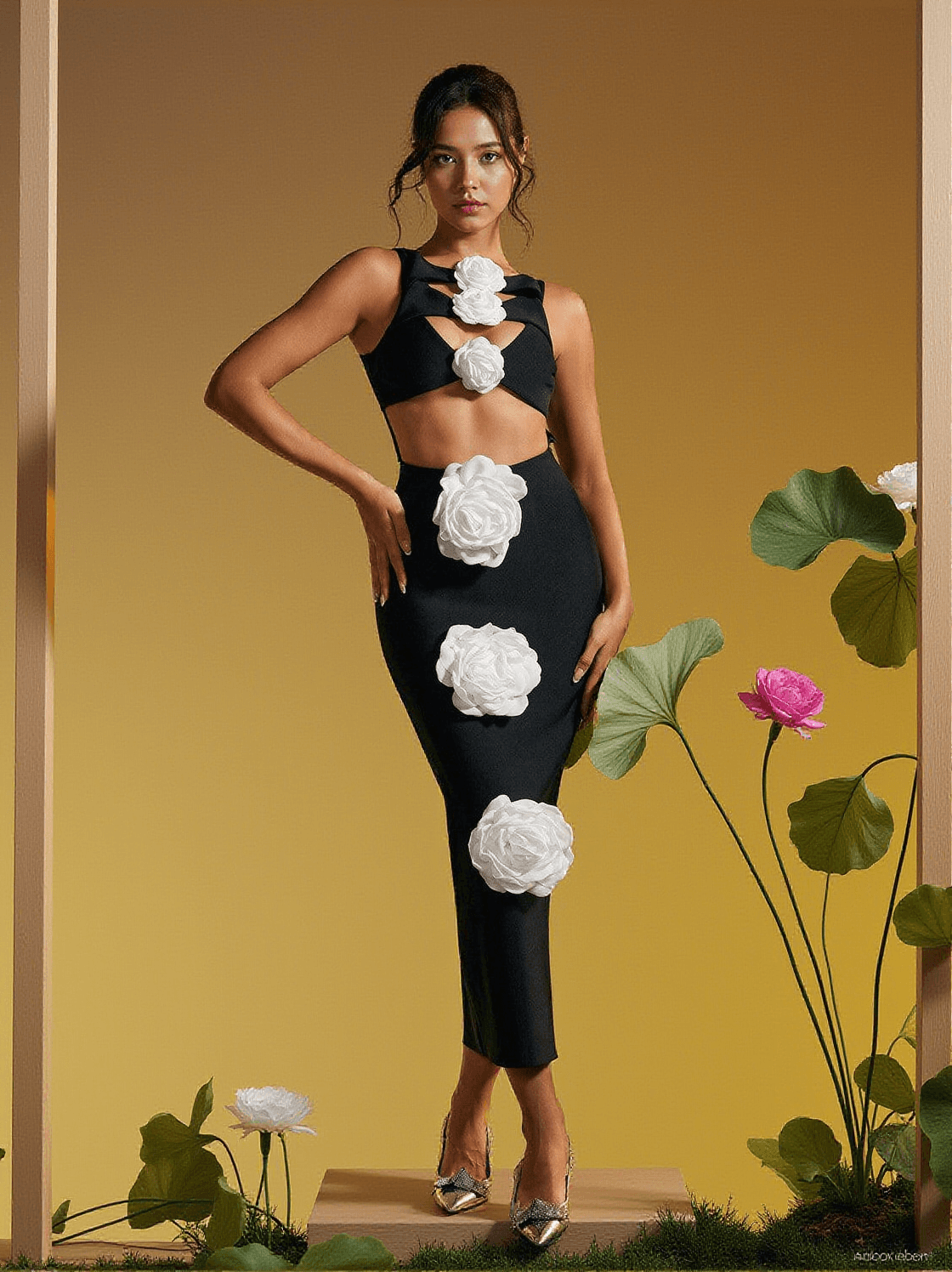 Atreyu – Ärmelloses Bandage-Midikleid mit Blumen-Ausschnitt