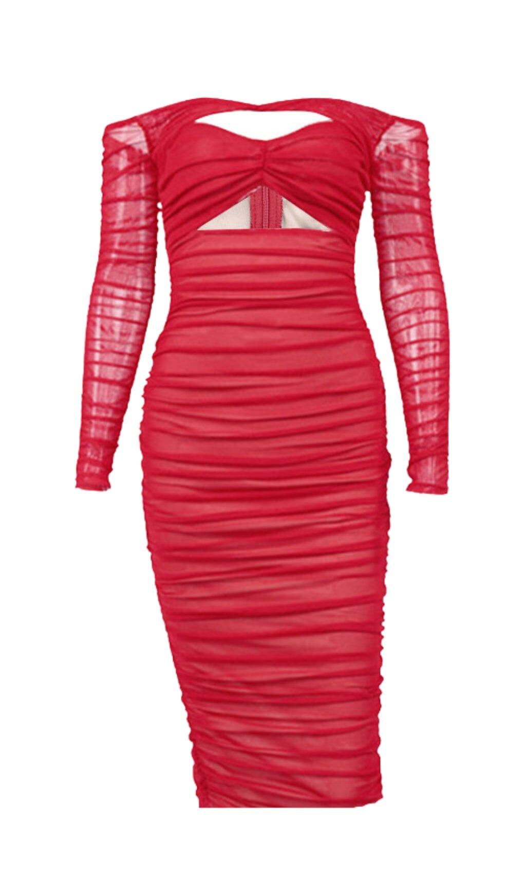 ABITO MIDI CON SPALLE SCOPERTE E TAGLIO IN RETE TERRA BORDO BORDEAUX