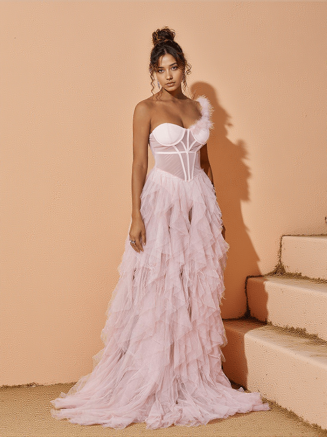 TITANIA ONE SHOULDER TULLE MAXI DRESS IN BLUSH
