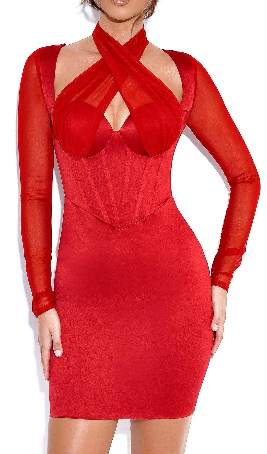 JOCELYNN BURGUNDERROTES SATIN-NETZ-KORSETT-KLEID MIT LANGEN ÄRMELN