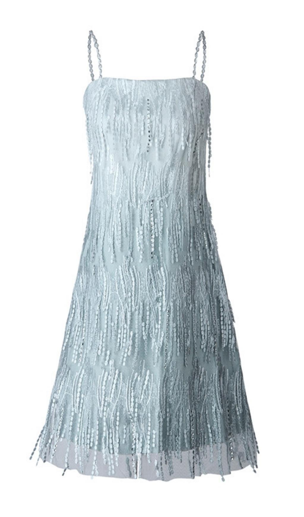 MINI ABITO LUCIDO CON FRANGE E FASCE