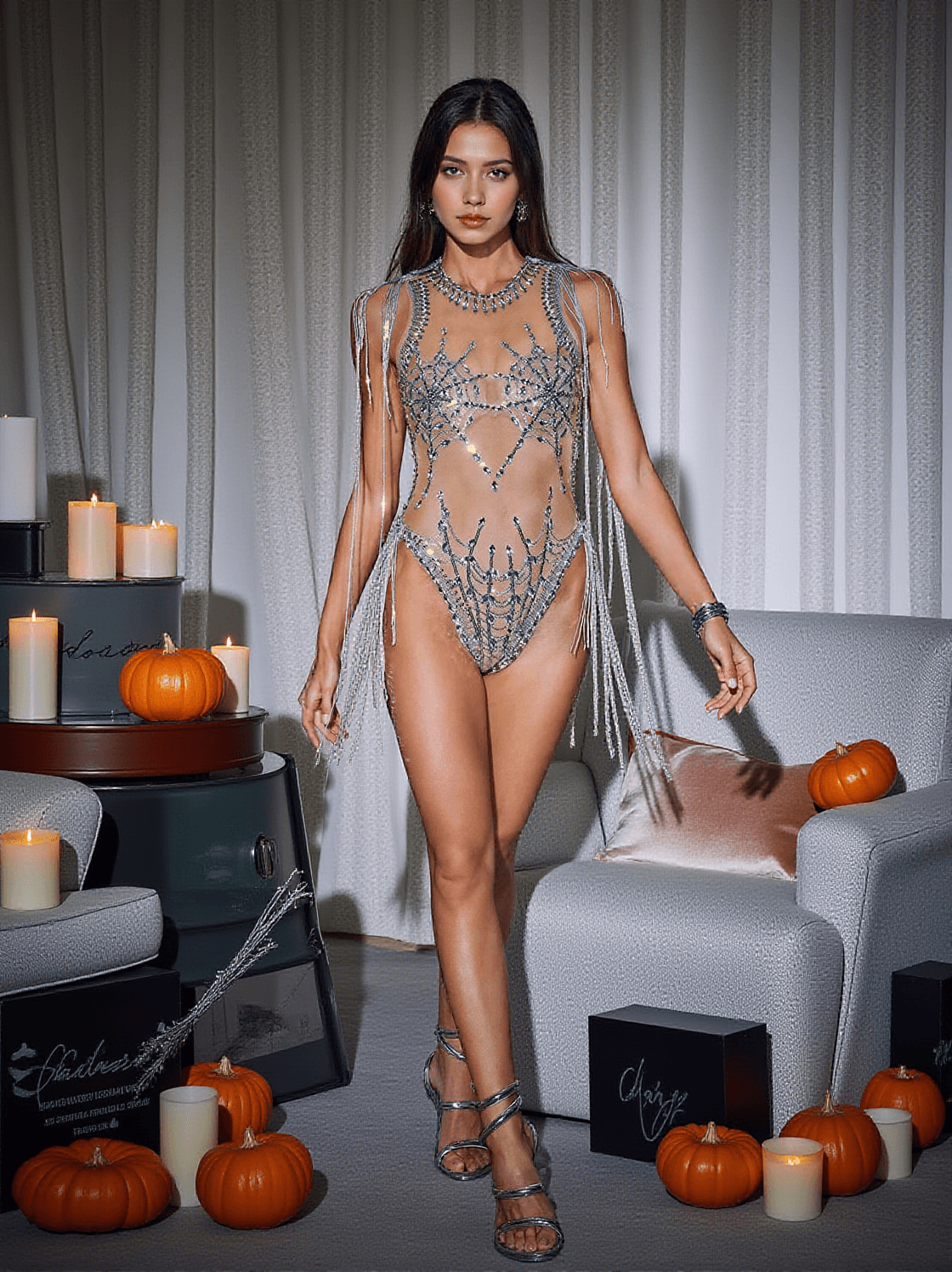 LAMIA COBWEB FRINGE SEQUIN BODYSUIT