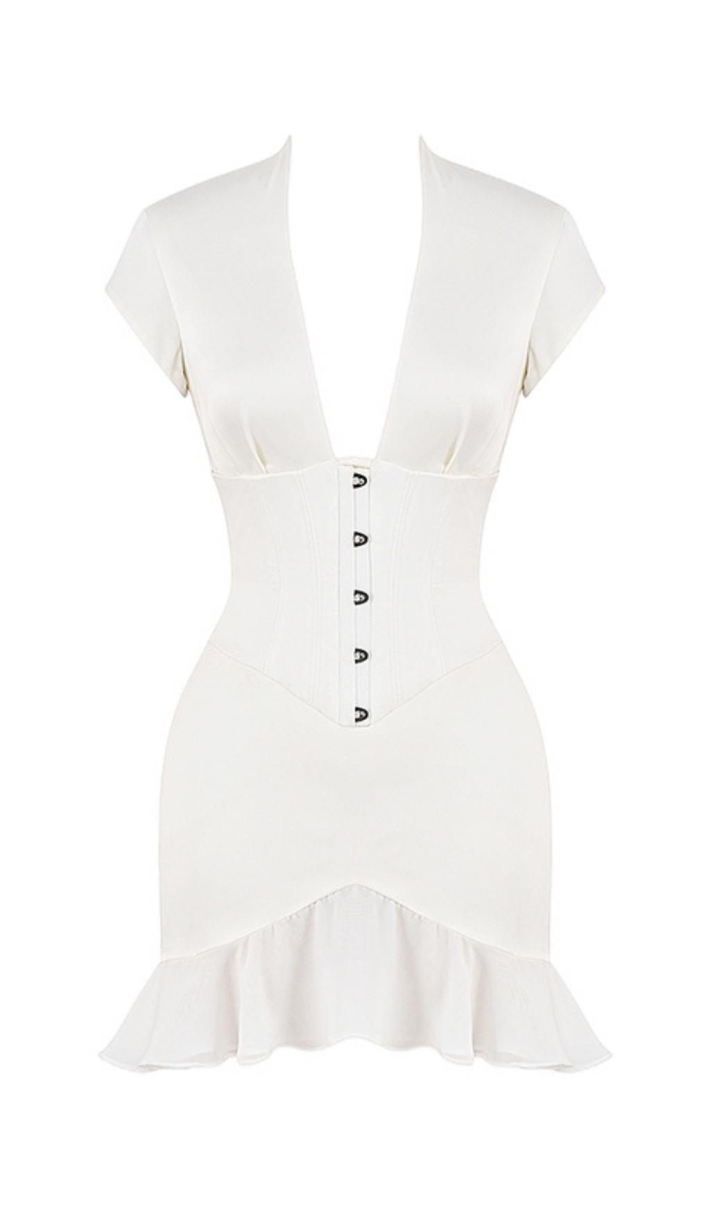 MINI ABITO ADERENTE CON SCOLLO A V BIANCO