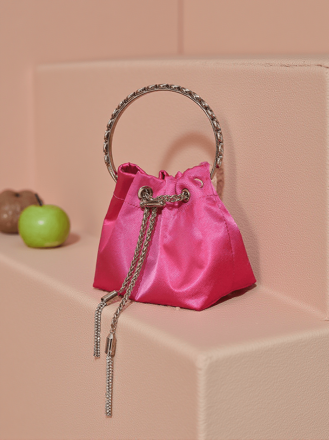 MATTEA SATIN CRYSTAL EMBELLISHED BUCKET BAG IN HOT PINK