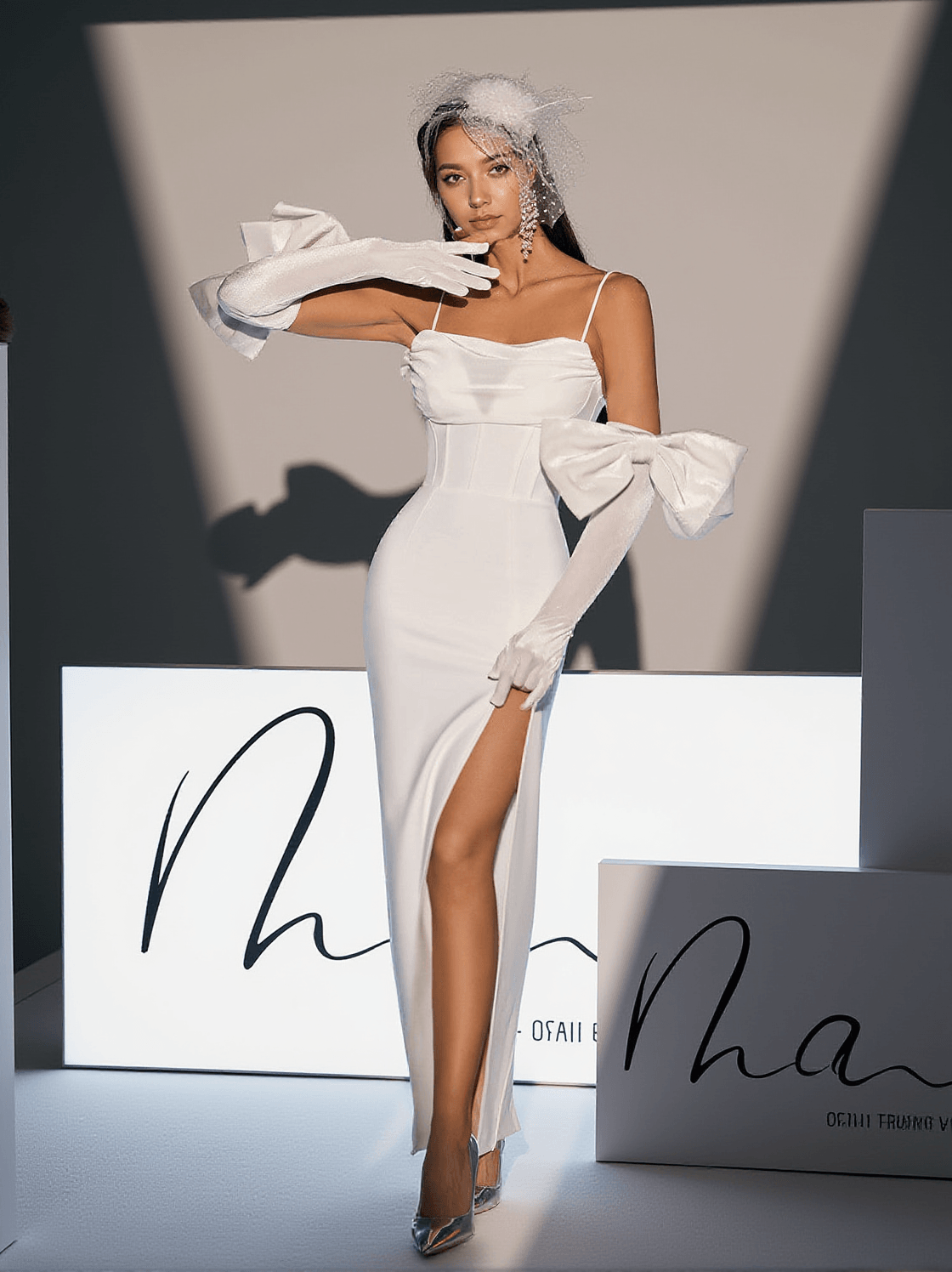 Kody Bandage-Kleid mit Schleife hinten und Handschuhen