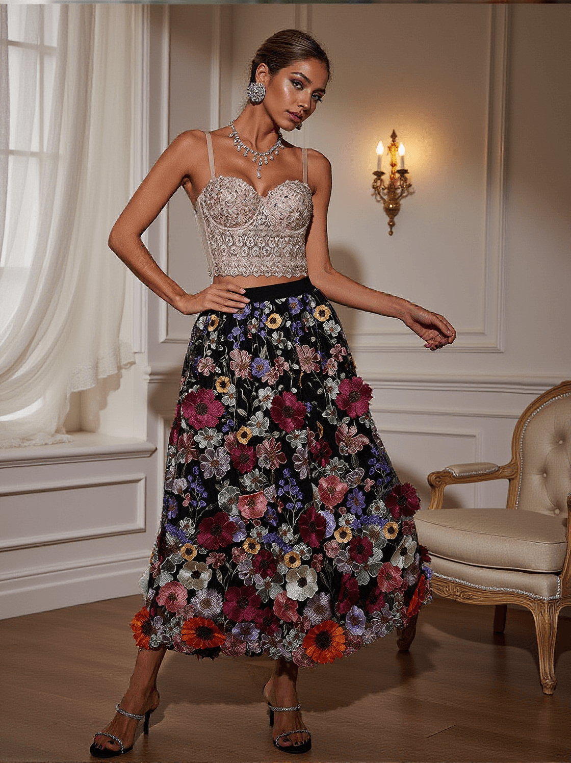 AMORY FLOWER EMBROIDERED SKIRT IN BLACK