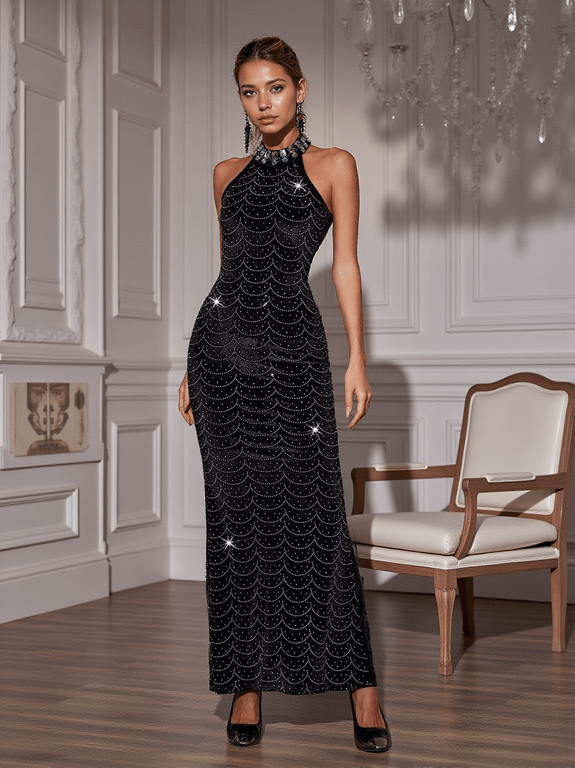 ABITO LUNGO IN VELLUTO CON CRISTALLI E SCOLLO AL COLLO SUNITA