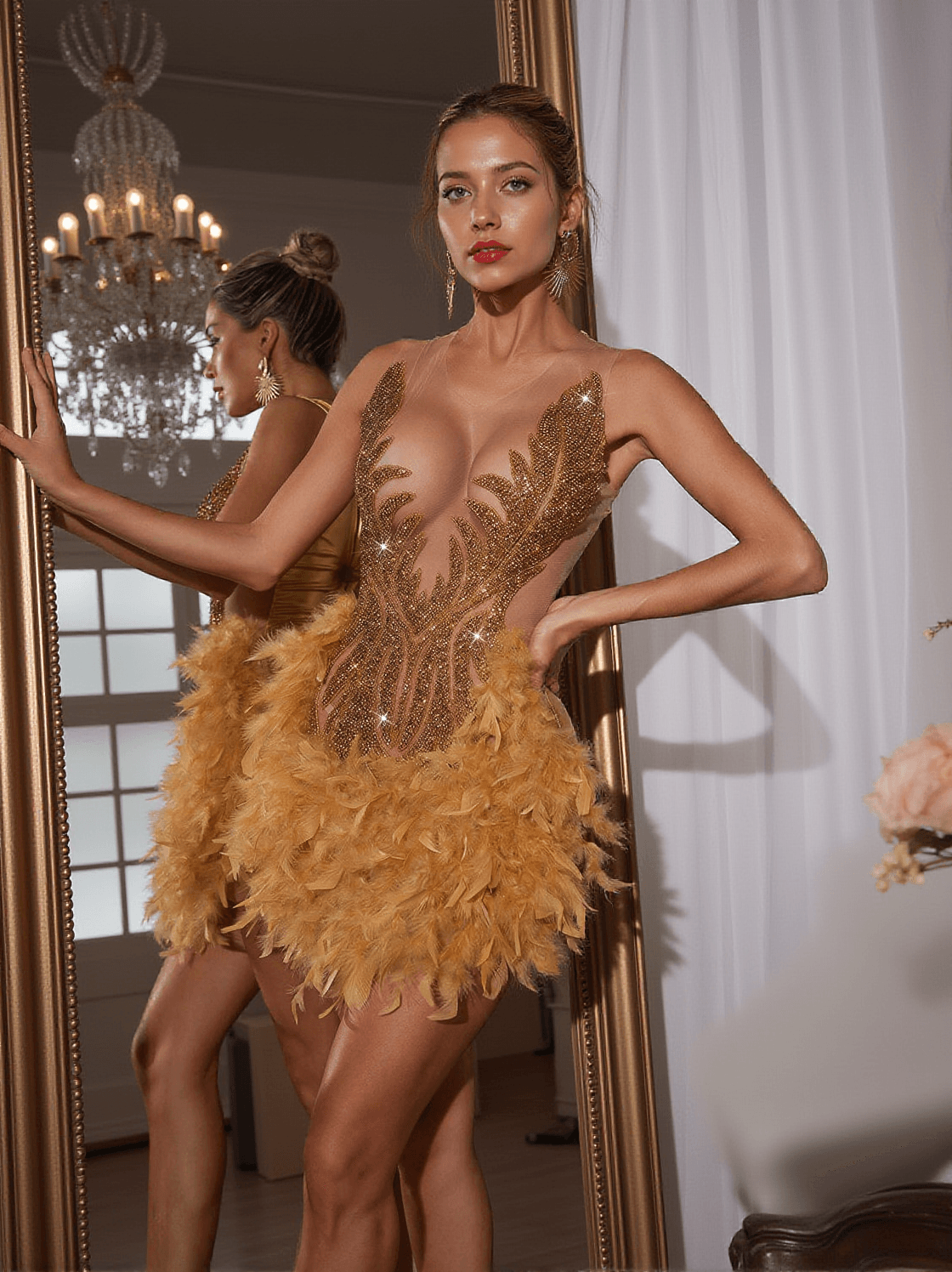 Brent Minikleid mit Strass- und Federbesatz