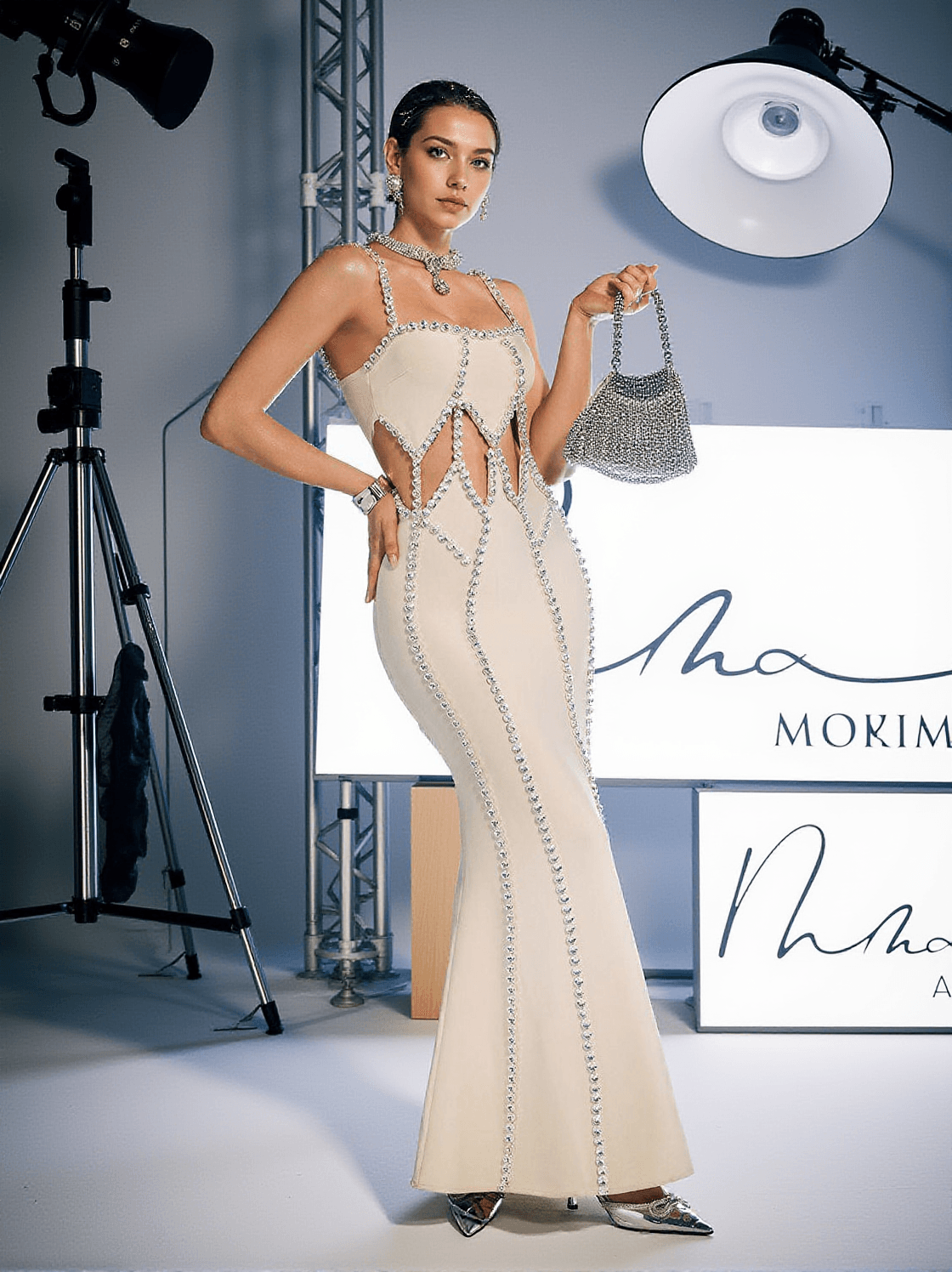 DARIO SPAGHETTI CRYSTAL CUTOUT BANDAGE DRESS