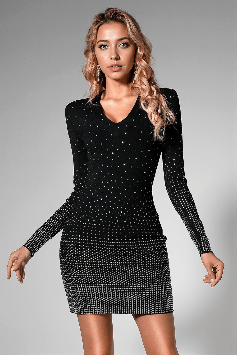 DALIAH SEQUIN V-NECK LONG SLEEVE DRESS