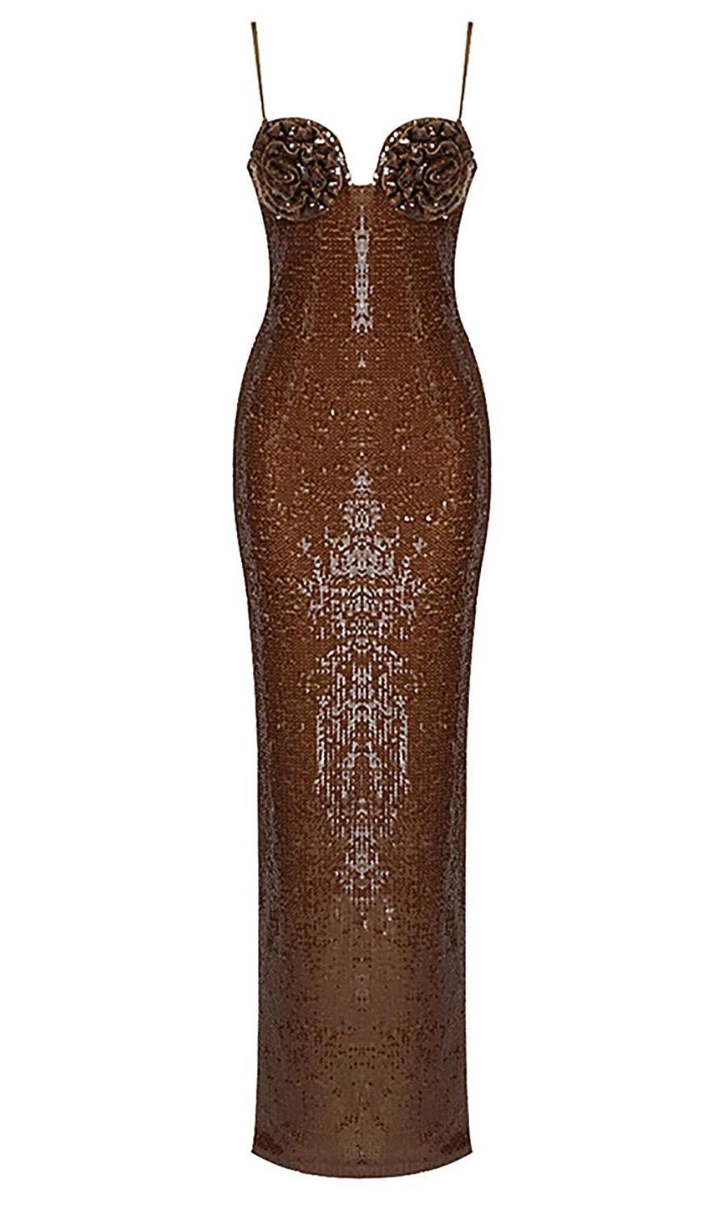 ABITO LUNGO CON PAILLETTES MARRONE