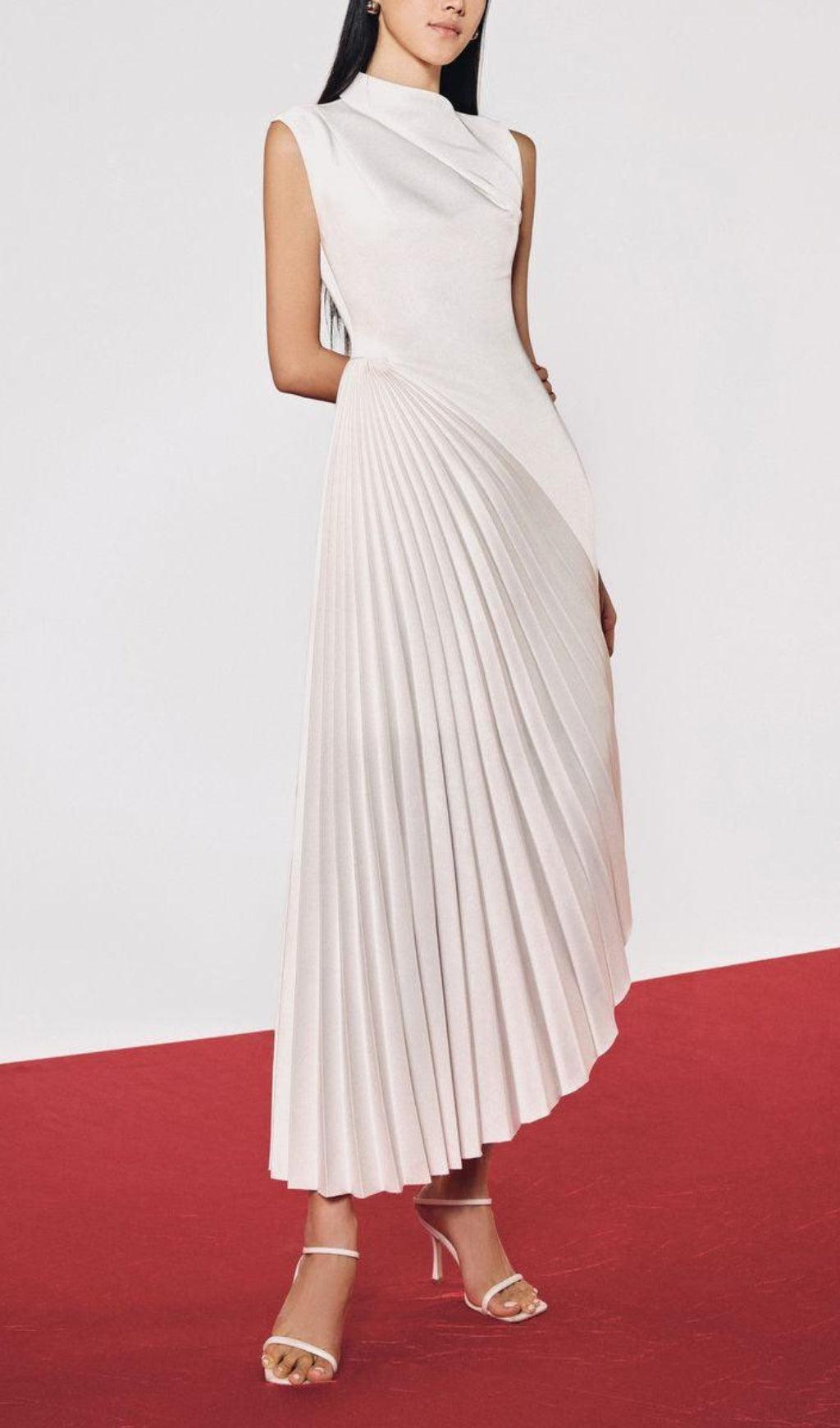 ABITO MIDI BIANCO A PLISSETTE DIAGONALI