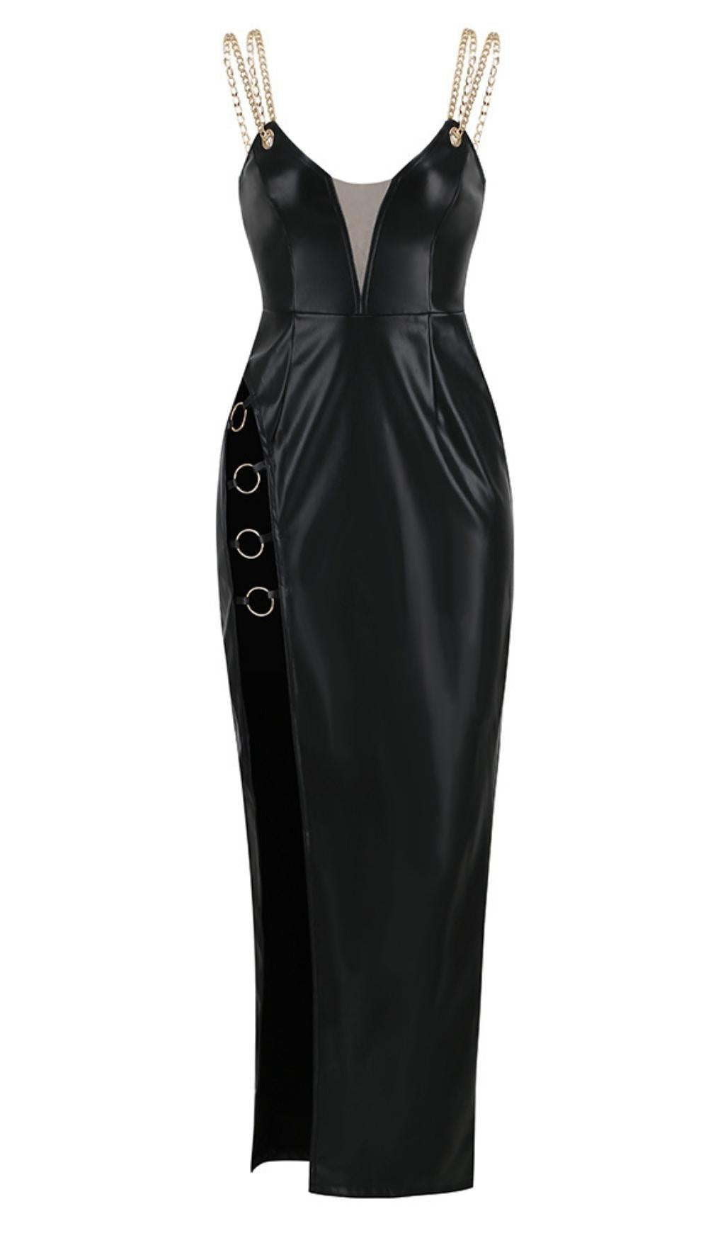 MIDIKLEID MIT HOHEM SCHLITZ UND TIEFER V-FORM IN SCHWARZ