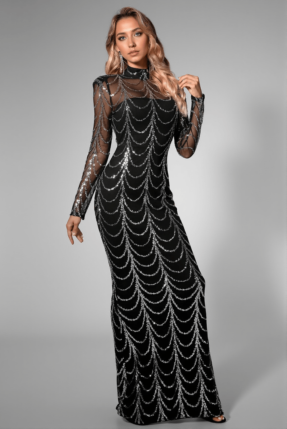 DAENA MESH CHAIN SEQUIN MAXI DRESS