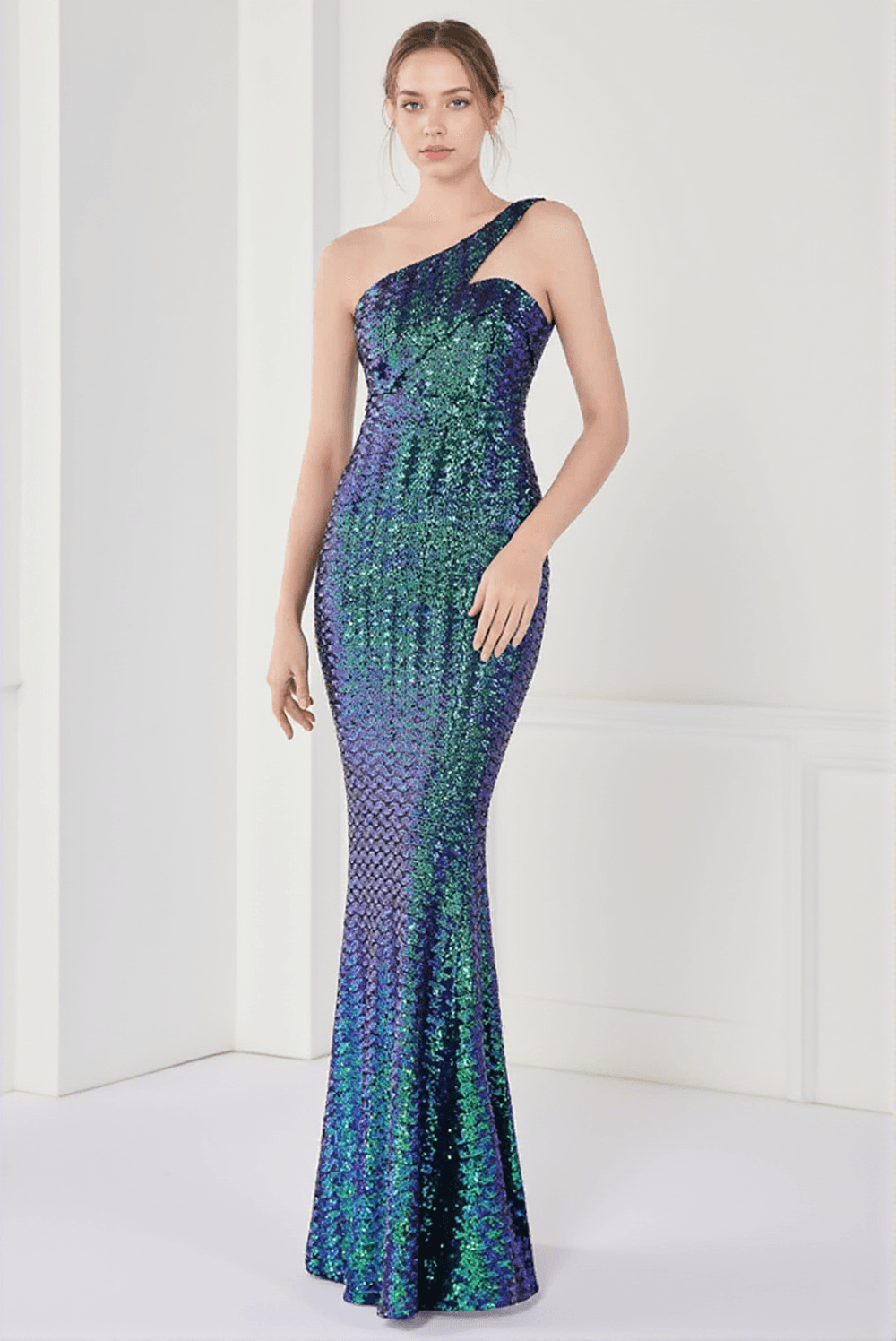 Anura Pailletten-Kleid mit One-Shoulder-Plissee