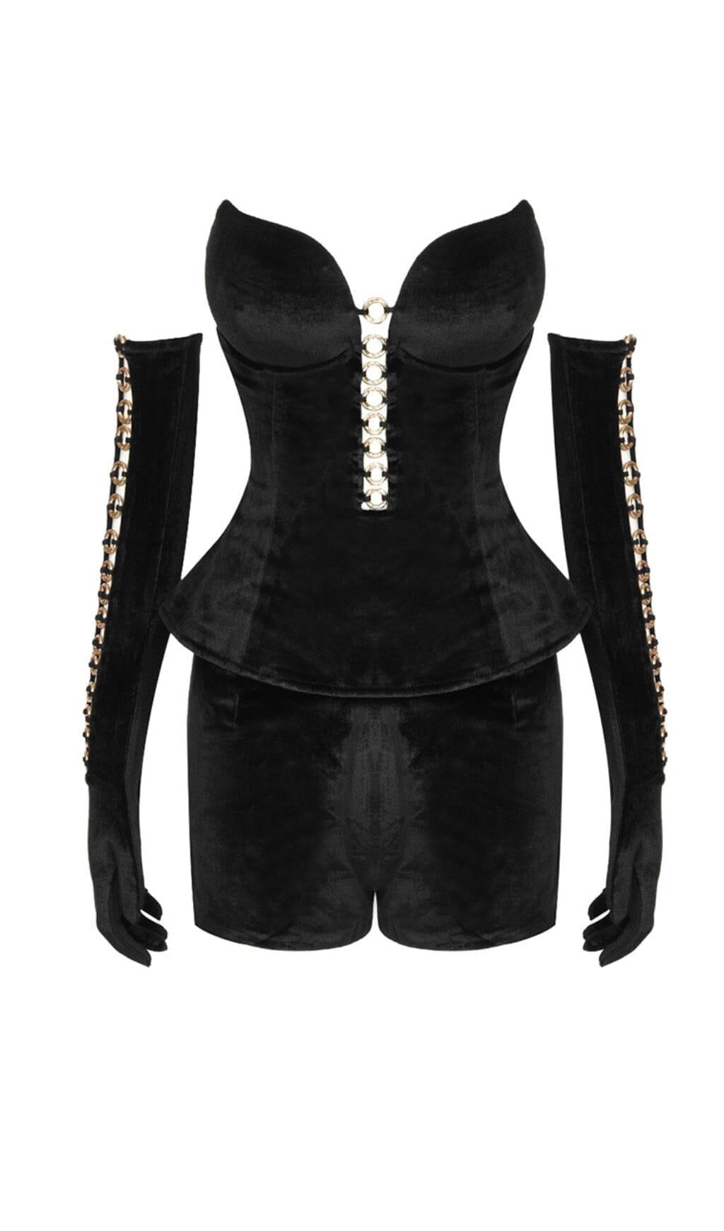 SCHWARZES EINFACHES TUBE-TOP UND SHORTS MIT AUSSCHNITT UND REIFRINGEL-AKZENTEN