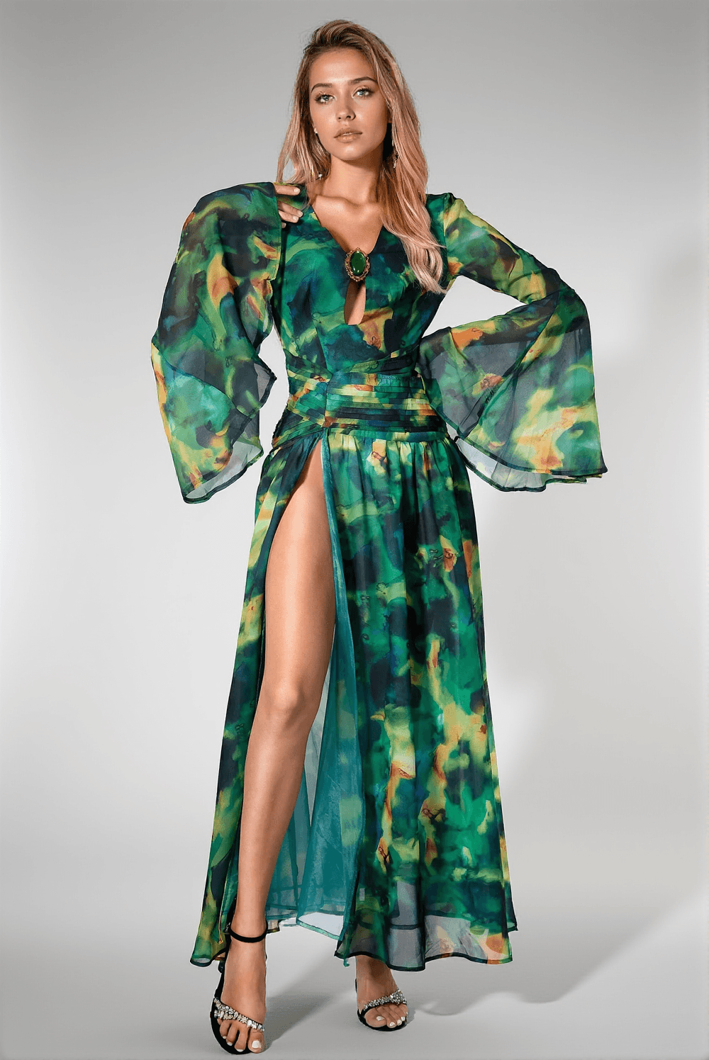 ABITO FLOREALE CON PIEGHE A DIAMANTI OISIN