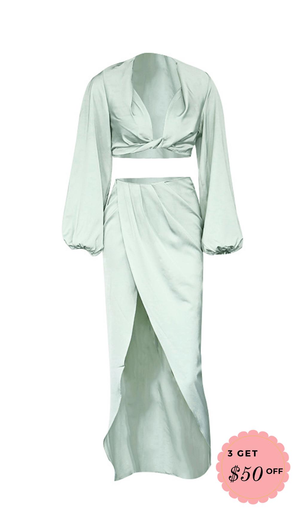 SET DUE PEZZI DRAPPEGGIATI IN RASO DI SETA VERDE