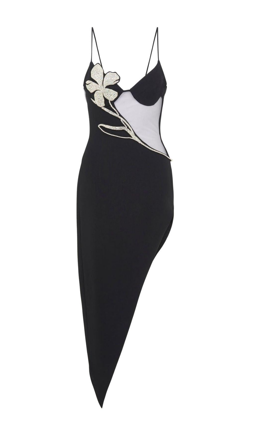 ASYMMETRISCHES KLEID MIT KRISTALLBLUMEN IN SCHWARZ
